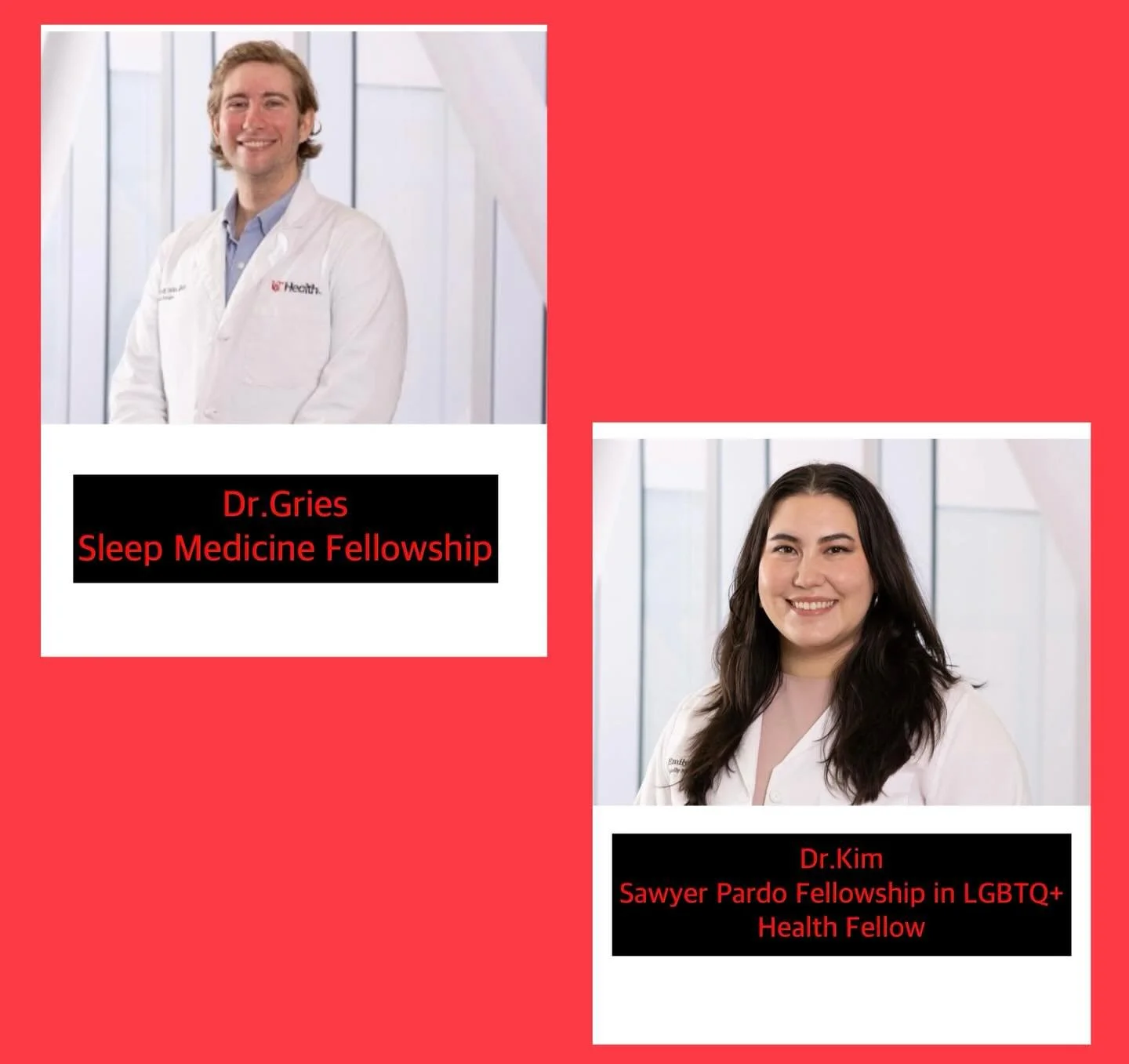 Congratulations to our seniors Dr.Gries and Dr.Kim on fellowship match! Dr. Gries matched into sleep medicine and Dr. Kim matched into LGBTQ+ health! 

#familymedicine #familymedicineresidents #familymedicineresidency #residentlife #fellowshipmatch