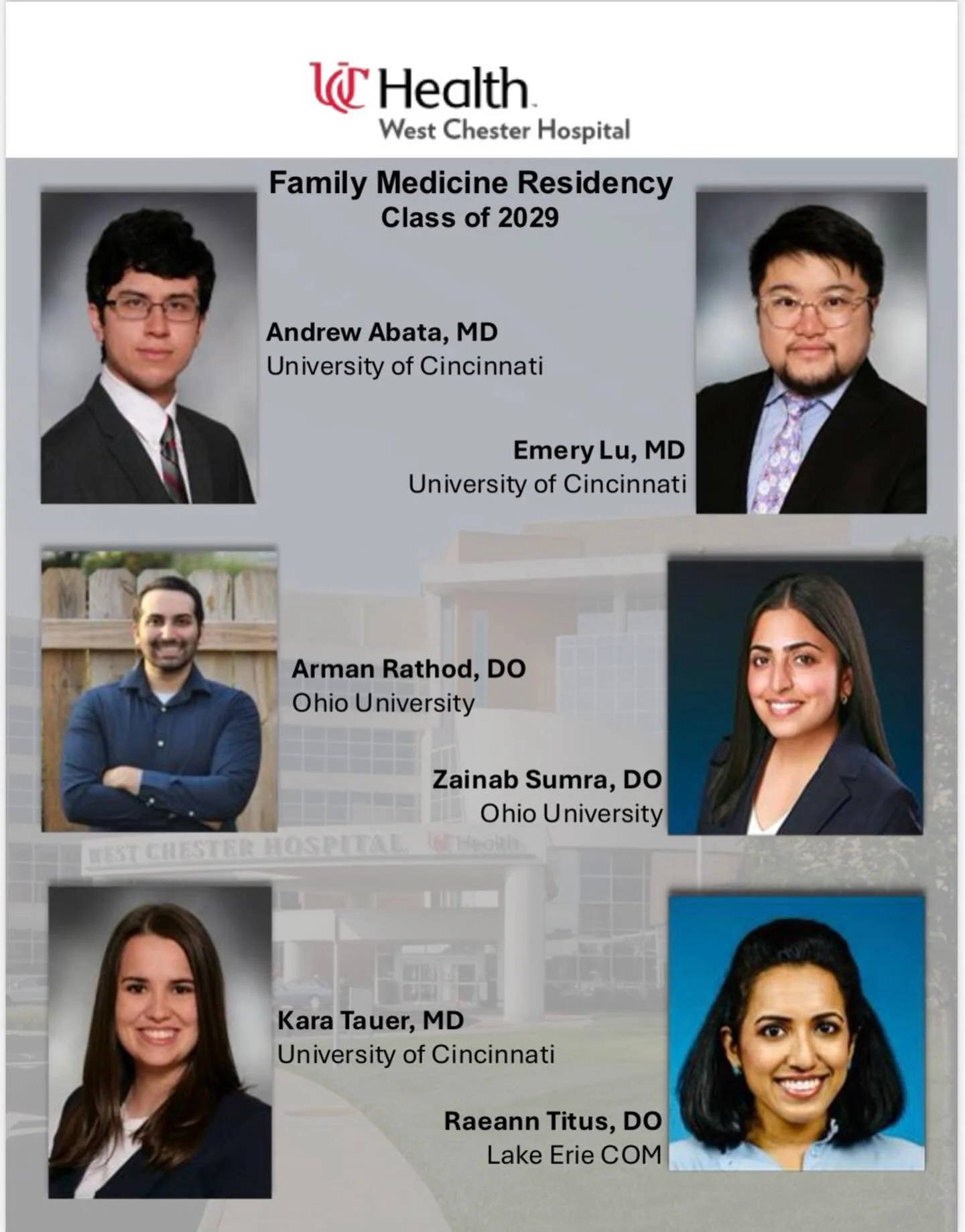 We are so excited to welcome our UC West Chester Family Medicine Residency Class of 2029!! 

#match2026 #familymedicineresidency #familymedicineresident #familymedicineresidents