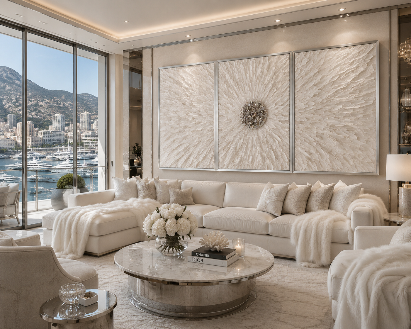 Luxurious living room with large white sectional sofa, plush pillows, and faux fur throws. A round marble coffee table holds a bouquet of white flowers and designer books. Behind the sofa are three large textured white artworks. To the left, floor-to
