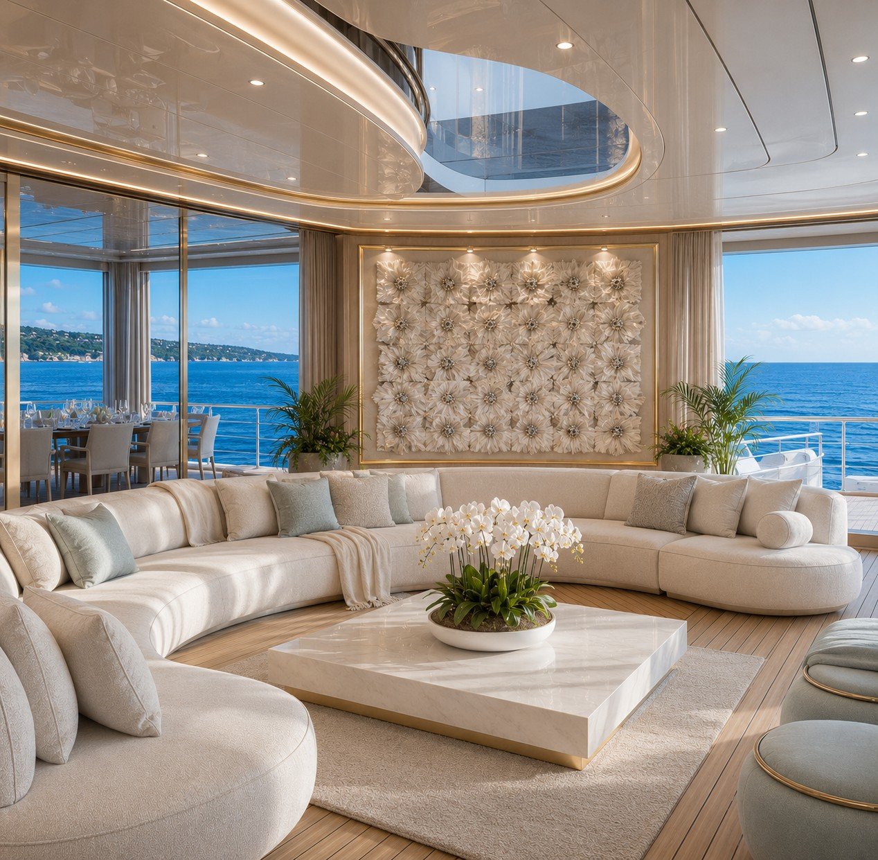 Luxury living room with a curved white sofa, a white marble coffee table with a potted white orchid, and ocean views through large windows. The room features decorative wall art of white flowers, plants, and a dining area in the background.