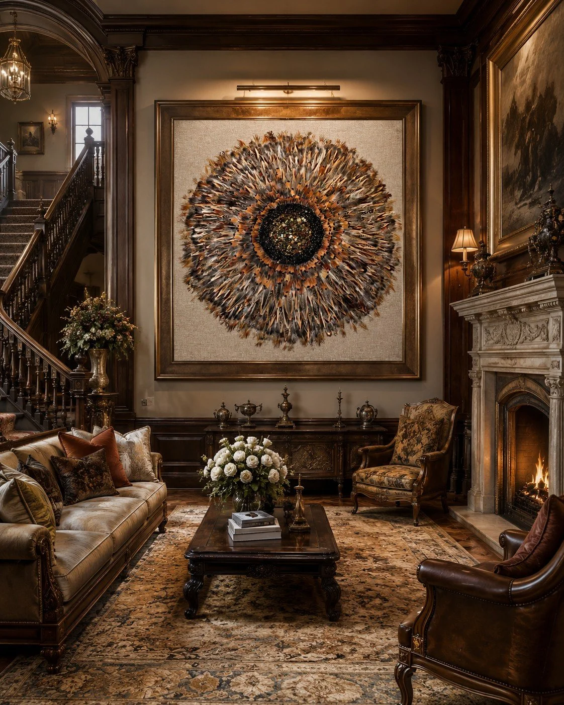 Luxurious living room with ornate wooden furniture, a fireplace, large abstract art on the wall, and elegant decor including a floral arrangement