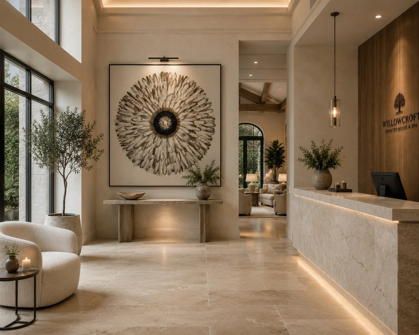 Modern hotel lobby with beige walls, large spiral artwork of feathers, potted plants, a reception desk, and a cozy seating area visible in the background.