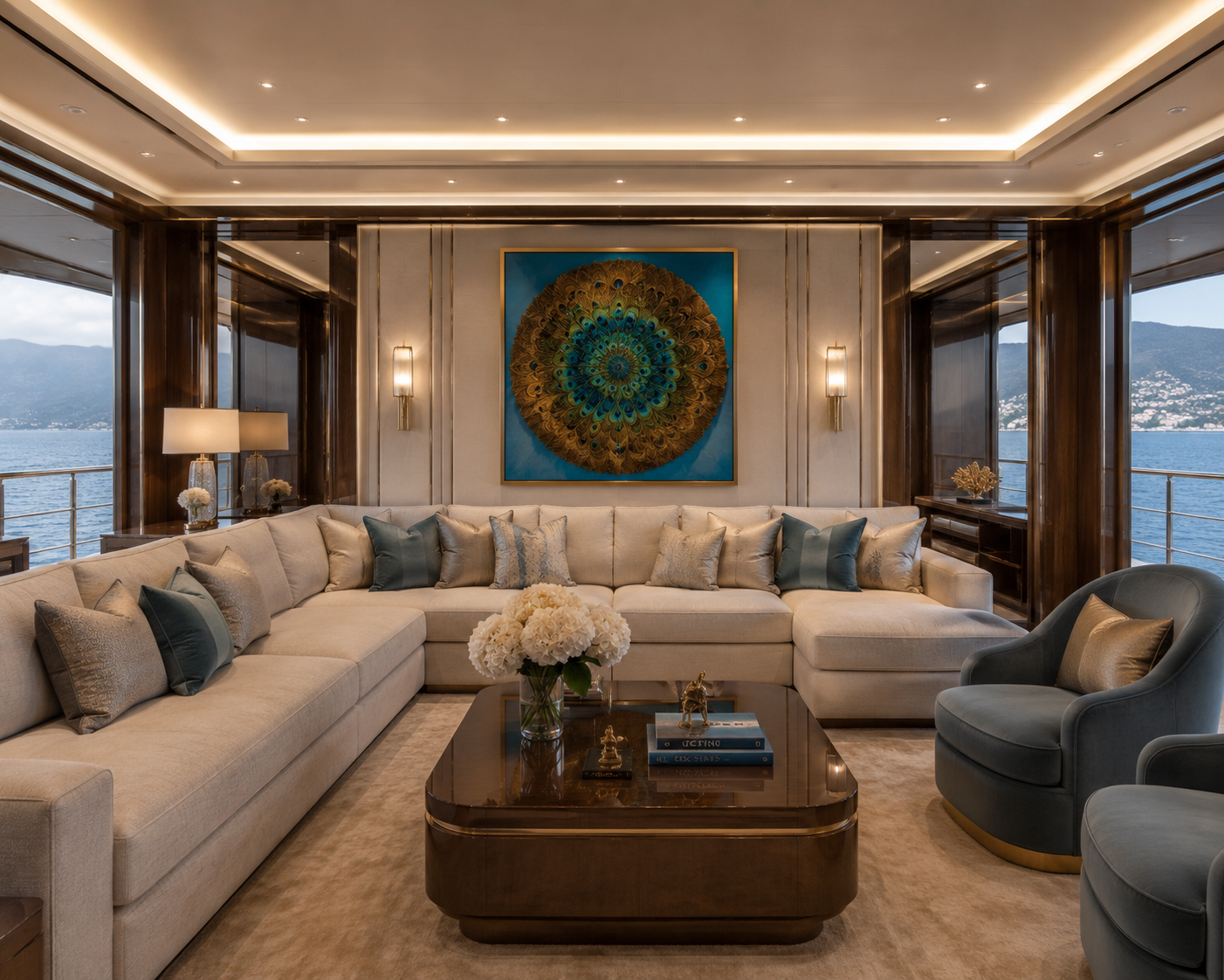 Luxurious living room with a cream sectional sofa, blue and cream pillows, a dark wood coffee table, and a sea view.