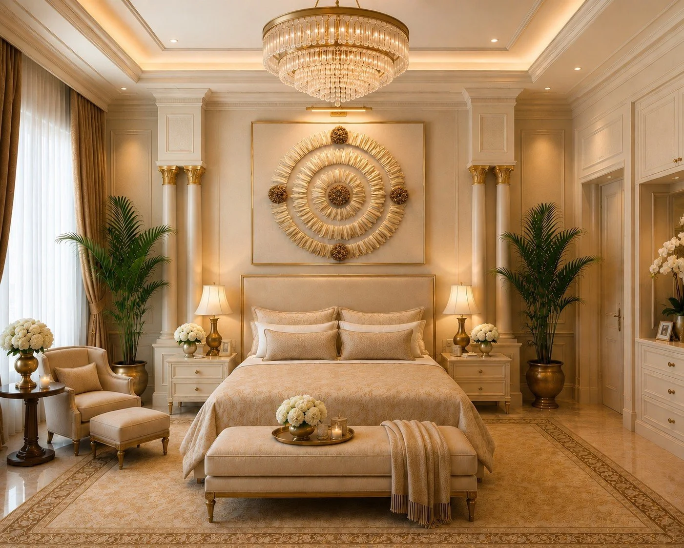 Elegant bedroom with cream-colored bedding, symmetrical lamps, tall green plants, a large chandelier, and decorative wall art featuring concentric circles with floral elements.