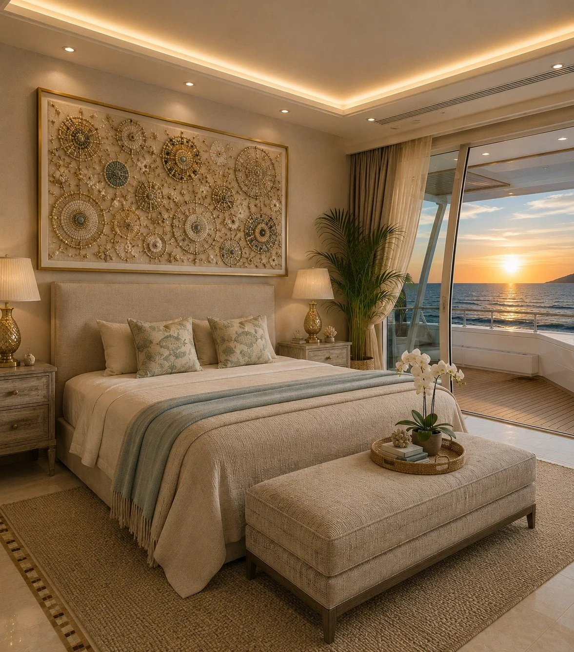 A luxurious bedroom with a large bed, decorative pillows, and a view of the ocean at sunset through floor-to-ceiling glass doors. The room features modern lighting, artwork above the bed, and elegant lamps on bedside tables.
