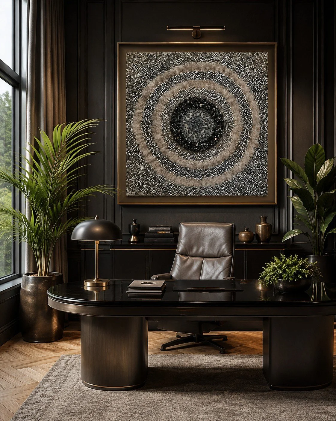Luxurious black office with large window, dark wood paneling, and modern art on the wall. Features a black desk with a leather chair, potted plants, a table lamp, and decorative vases.