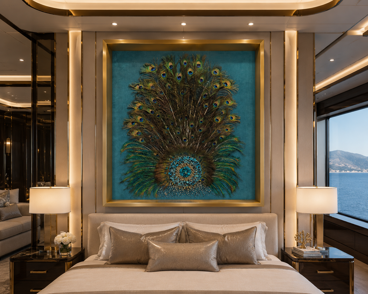 Elegant hotel room with a large framed peacock feather artwork above the bed, beige bed with pillows, two side tables with lamps, view of water and mountains through large window.