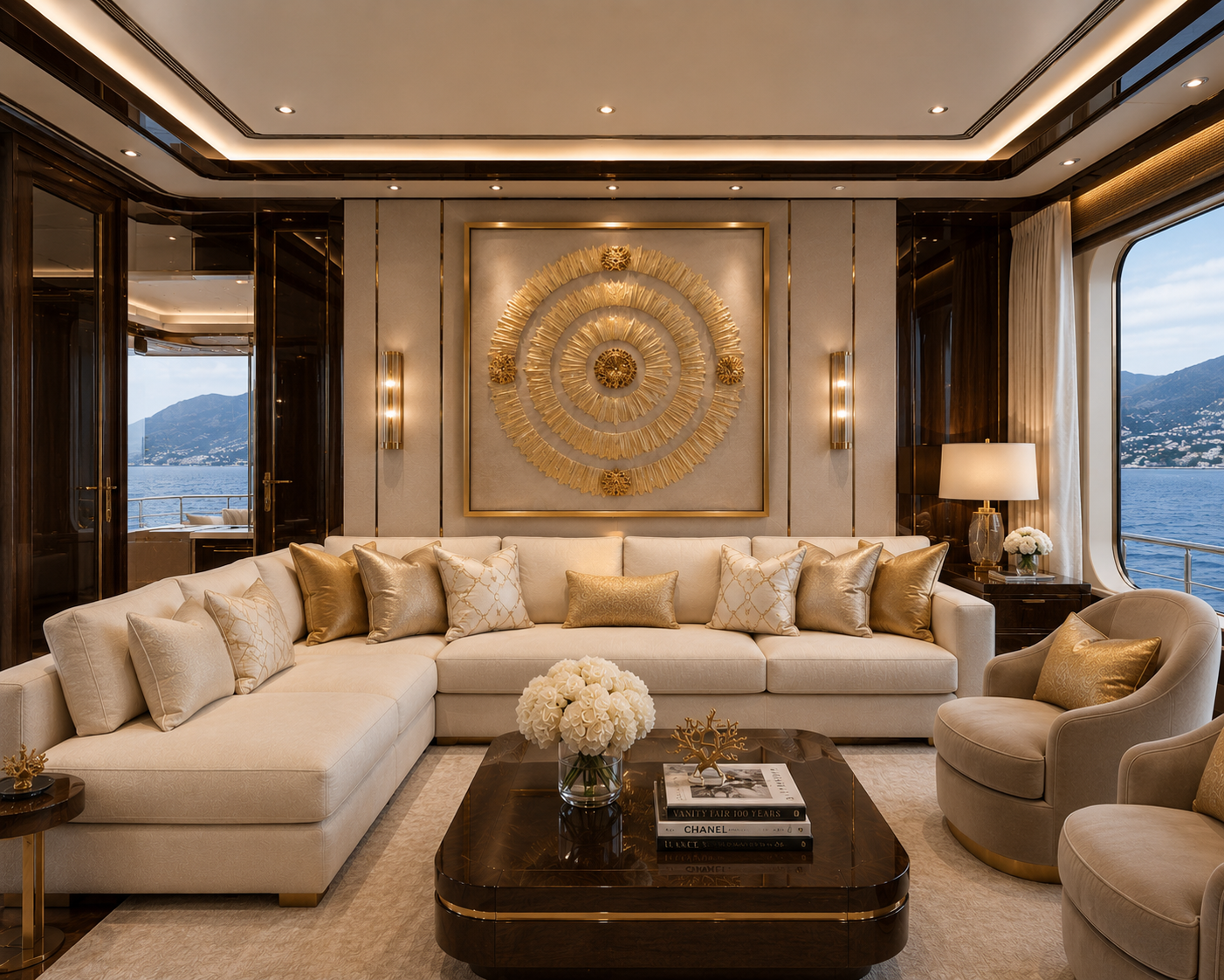 Luxurious yacht living room with a cream sectional sofa, gold and cream accent pillows, glass coffee table with floral arrangement and art books, large wall art, and ocean view through windows.