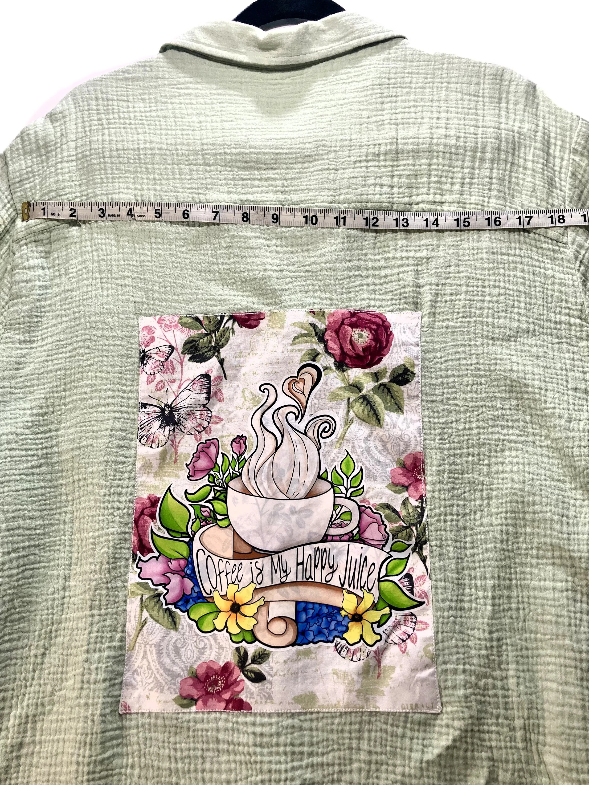 Upcycled Reworked Pale Green Cardigan Coffee Lover Custom Artwork Demensions Across Back.jpeg