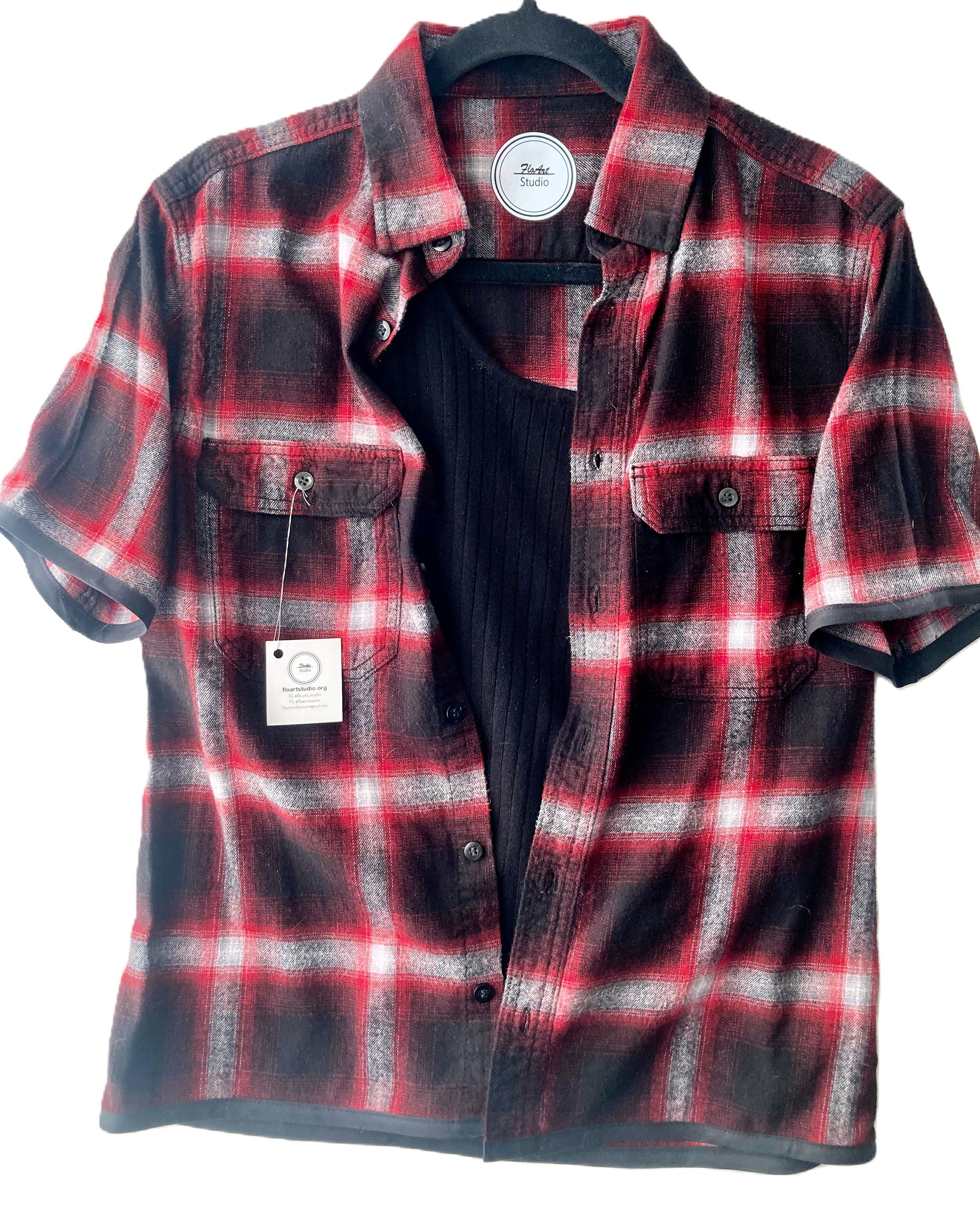 Reworked Upcycled Red and Black Flannel Short Sleeve with Custom Grunge Vamp Artwork Front View with Cami.jpeg