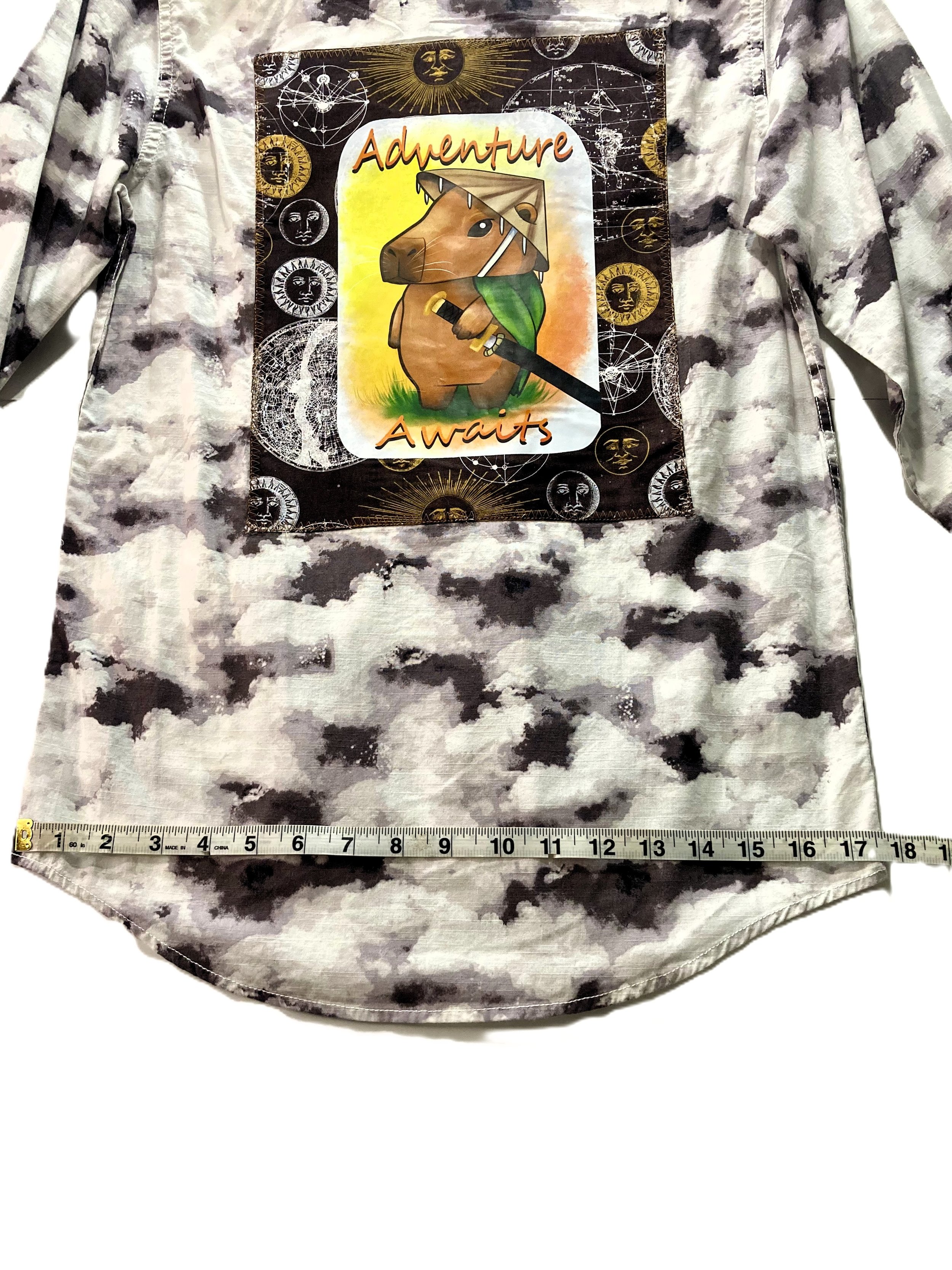 Upcycled Reworked Button Long Sleeve Monochrome Cloud Shirt Custom Artwork Cappybara Dimension Across Base.jpeg