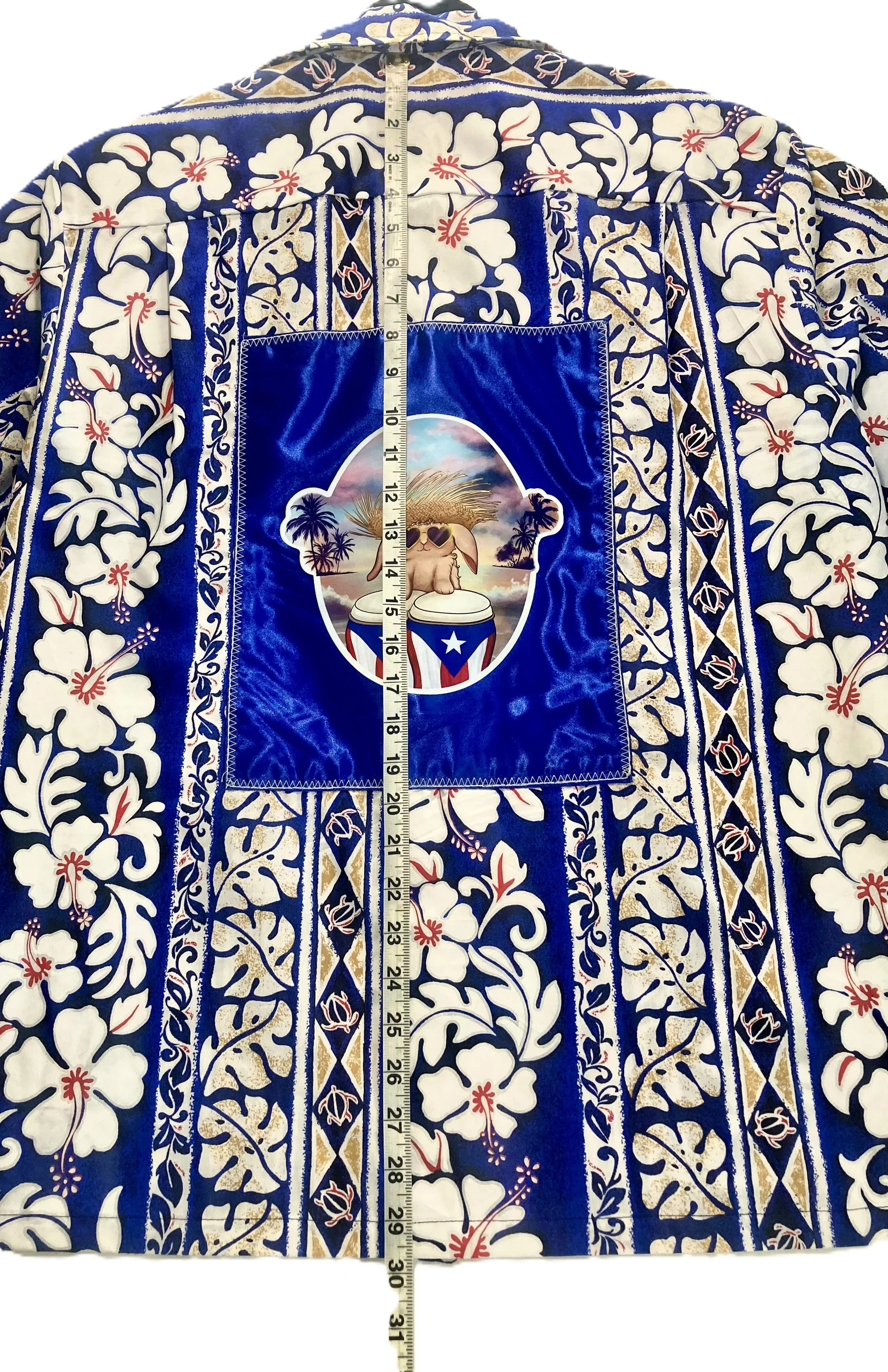 Upcycled Reworked Wooden Button Up Short Sleeve Tropical Blue Red White Shirt Custom Artwork Puerto Rico Bad Bunny Tribute Dimensions Neck to Base.jpeg