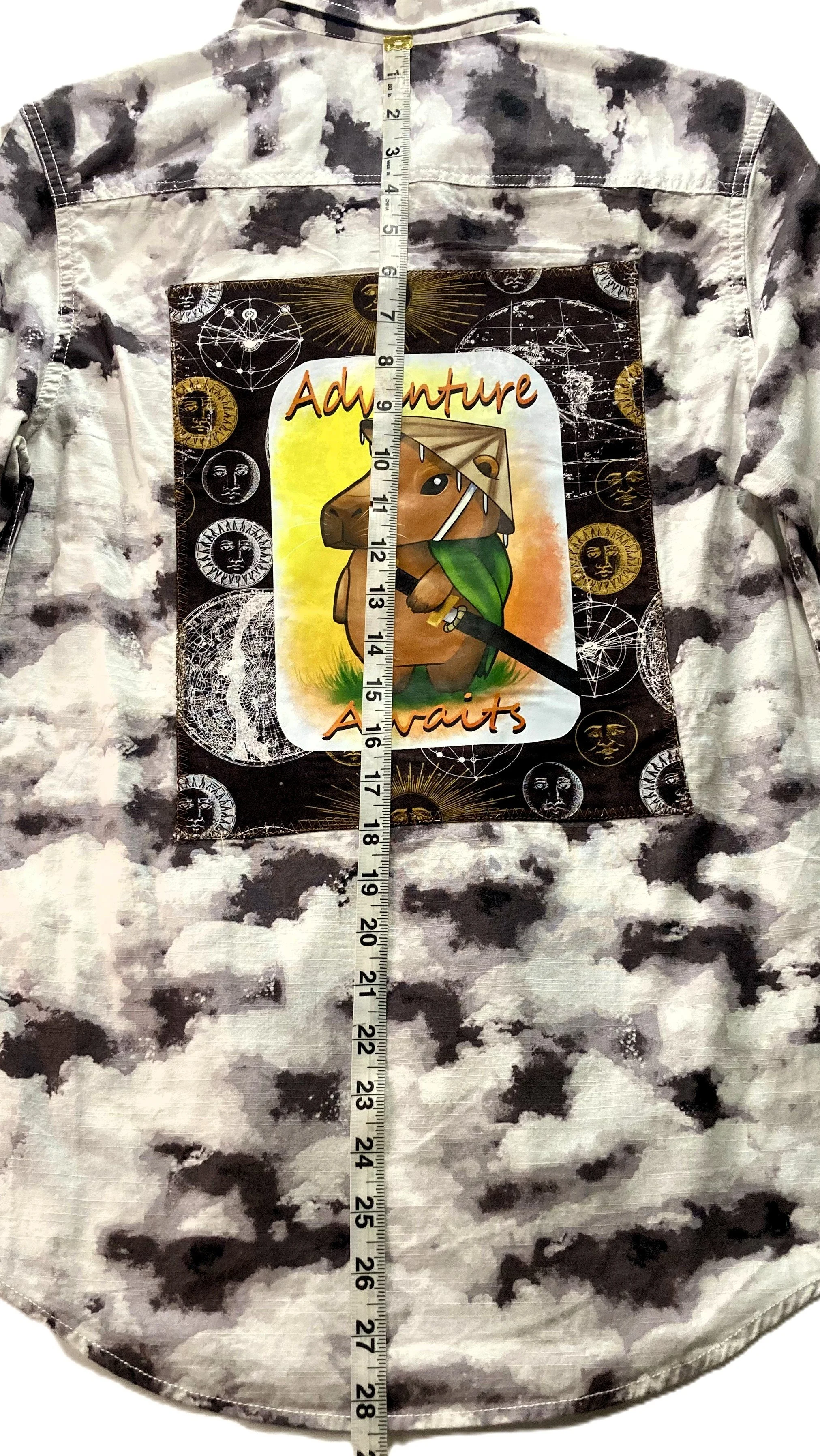 Upcycled Reworked Button Long Sleeve Monochrome Cloud Shirt Custom Artwork Cappybara Dimension Neck to Base.jpeg