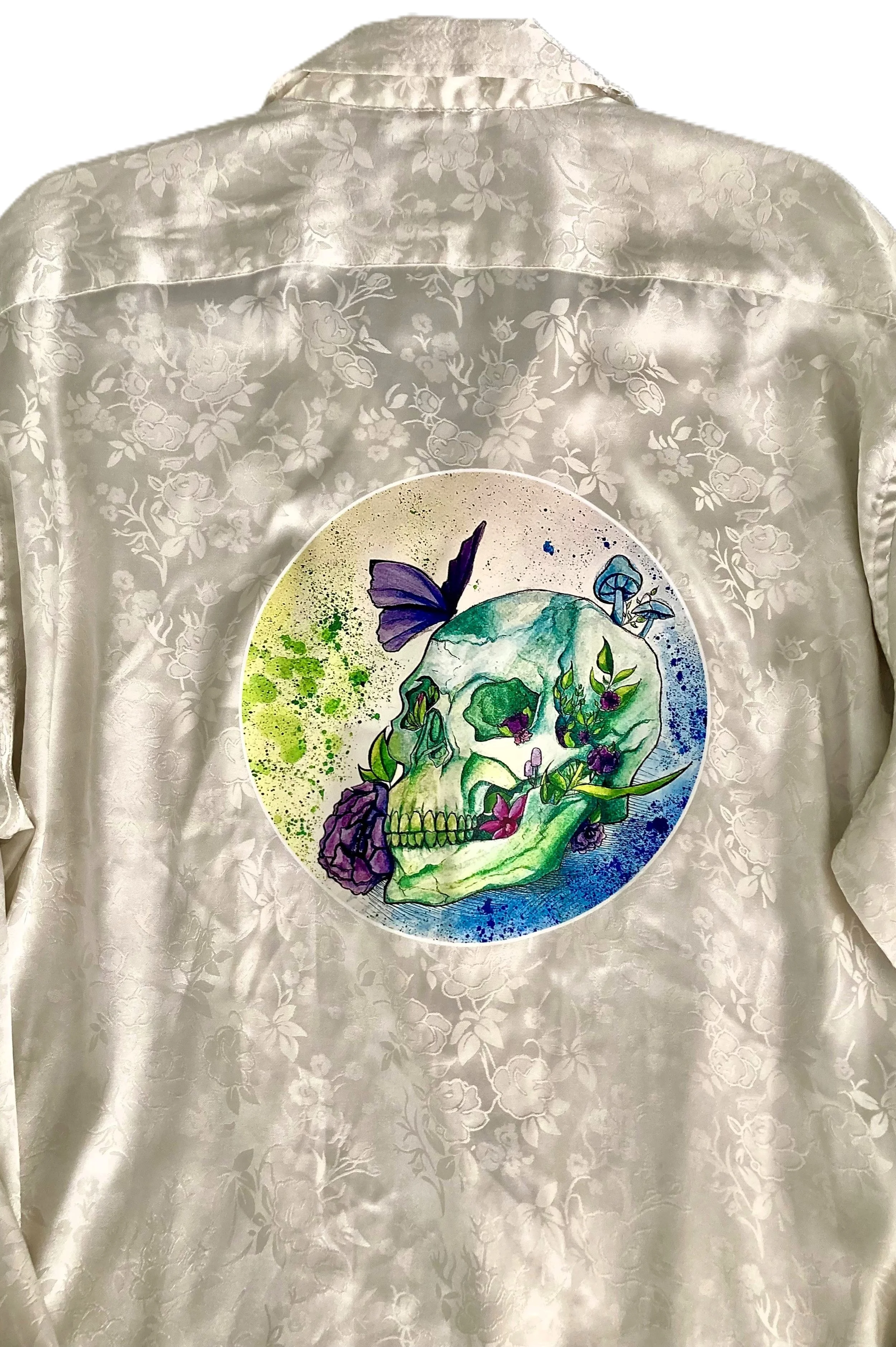 Reworked Upcycled White Floral Jacquard Shirt Custom Los Muertos Art Unisex Back VIew A.jpeg
