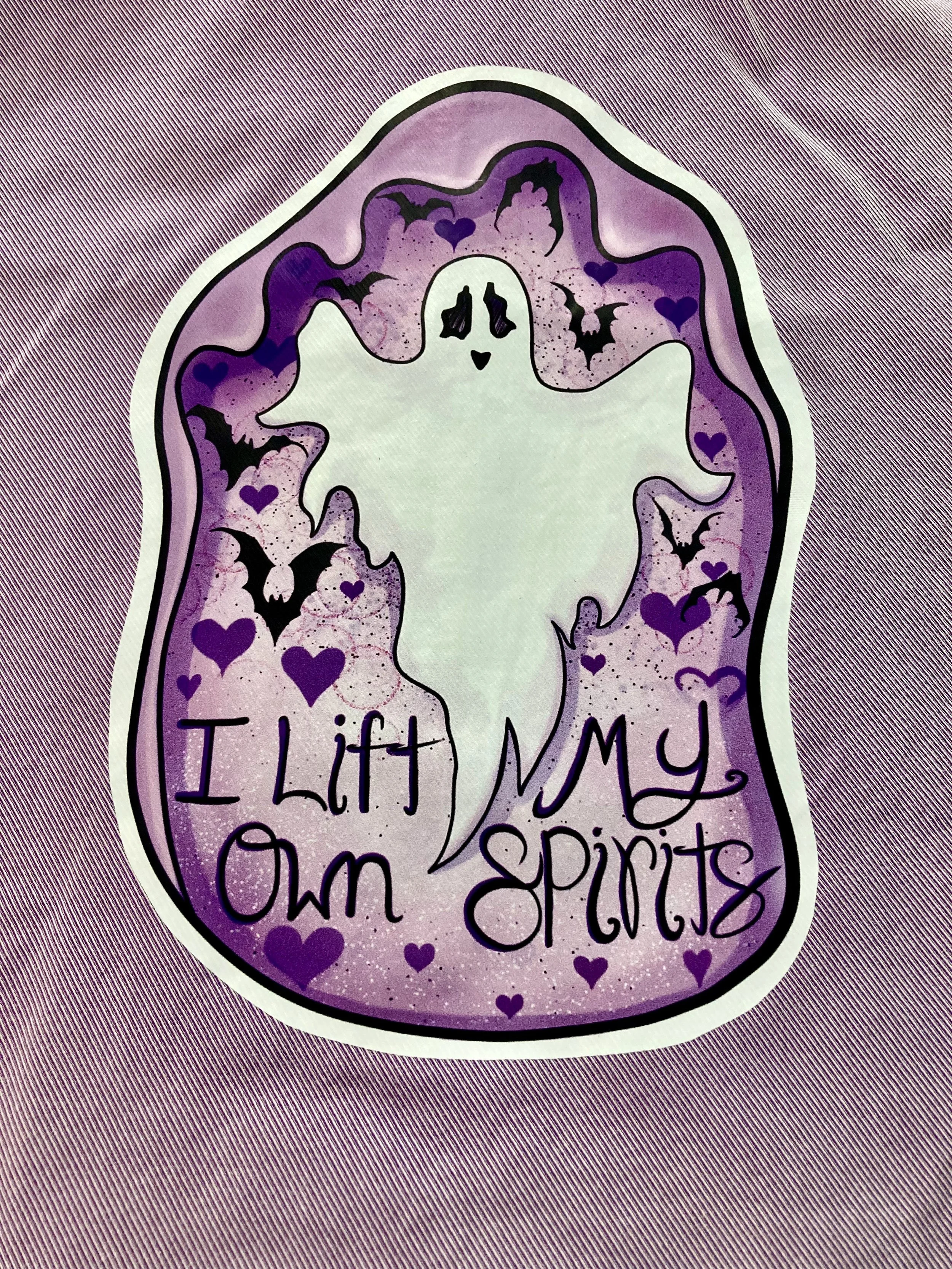 Reworked Upcycled Purple Button Up Deep Purple Satin Trim Inspirational Spooky Ghost Artwork Back Art.jpeg