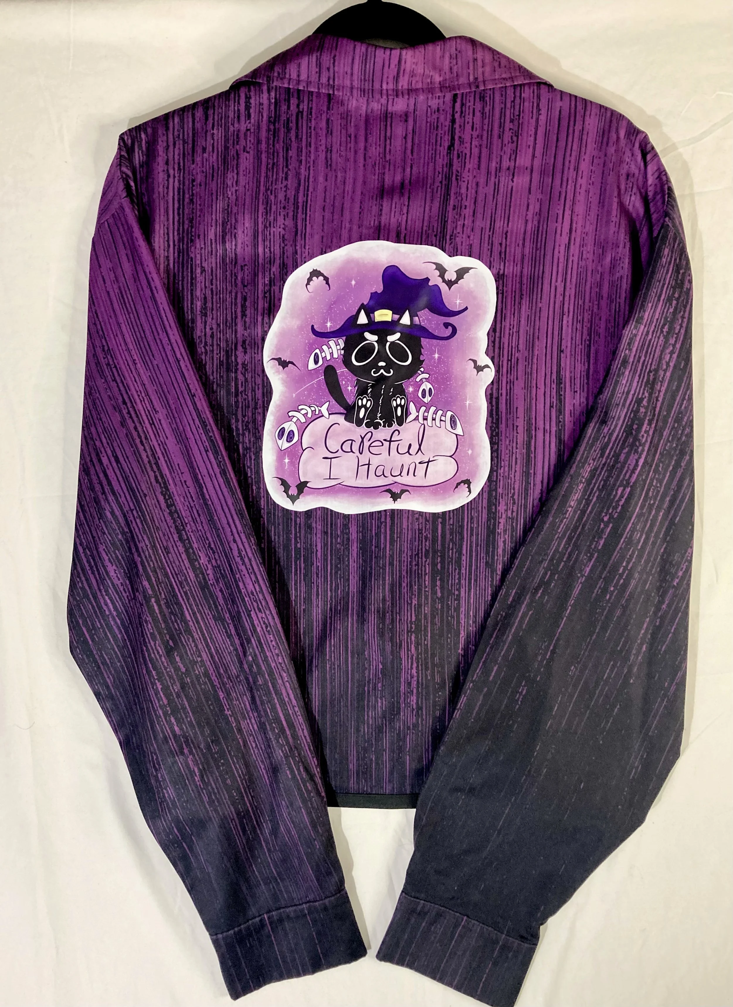 Whitcy Black Cat Ombre Purple to Black Upcycled Reworked Shirt Custom Artwork Back View.jpeg