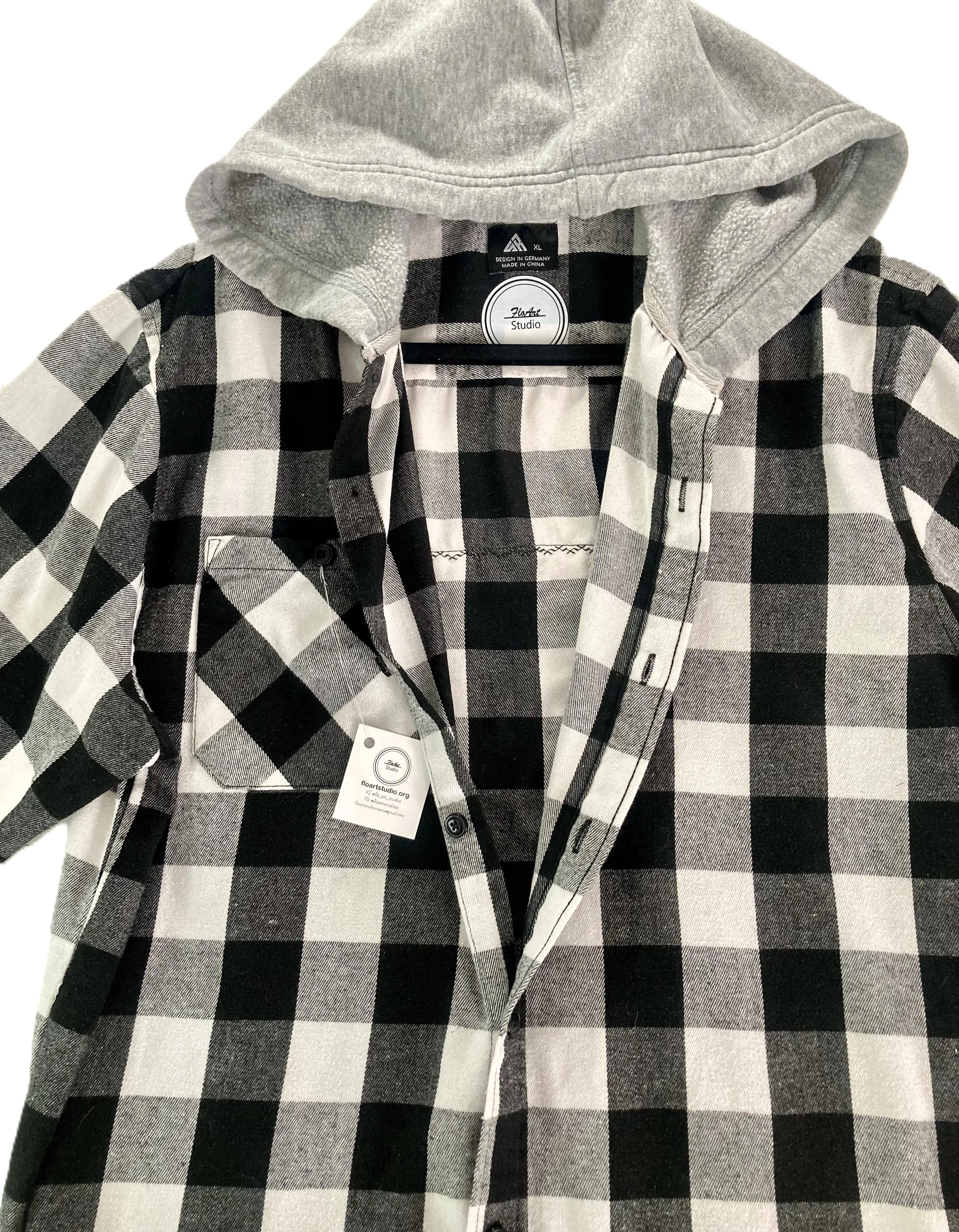 Reworked Upcycled Black and White Grunge Flannel with Hoodie Scary Pumpkin Custom Artwork Front View.jpeg