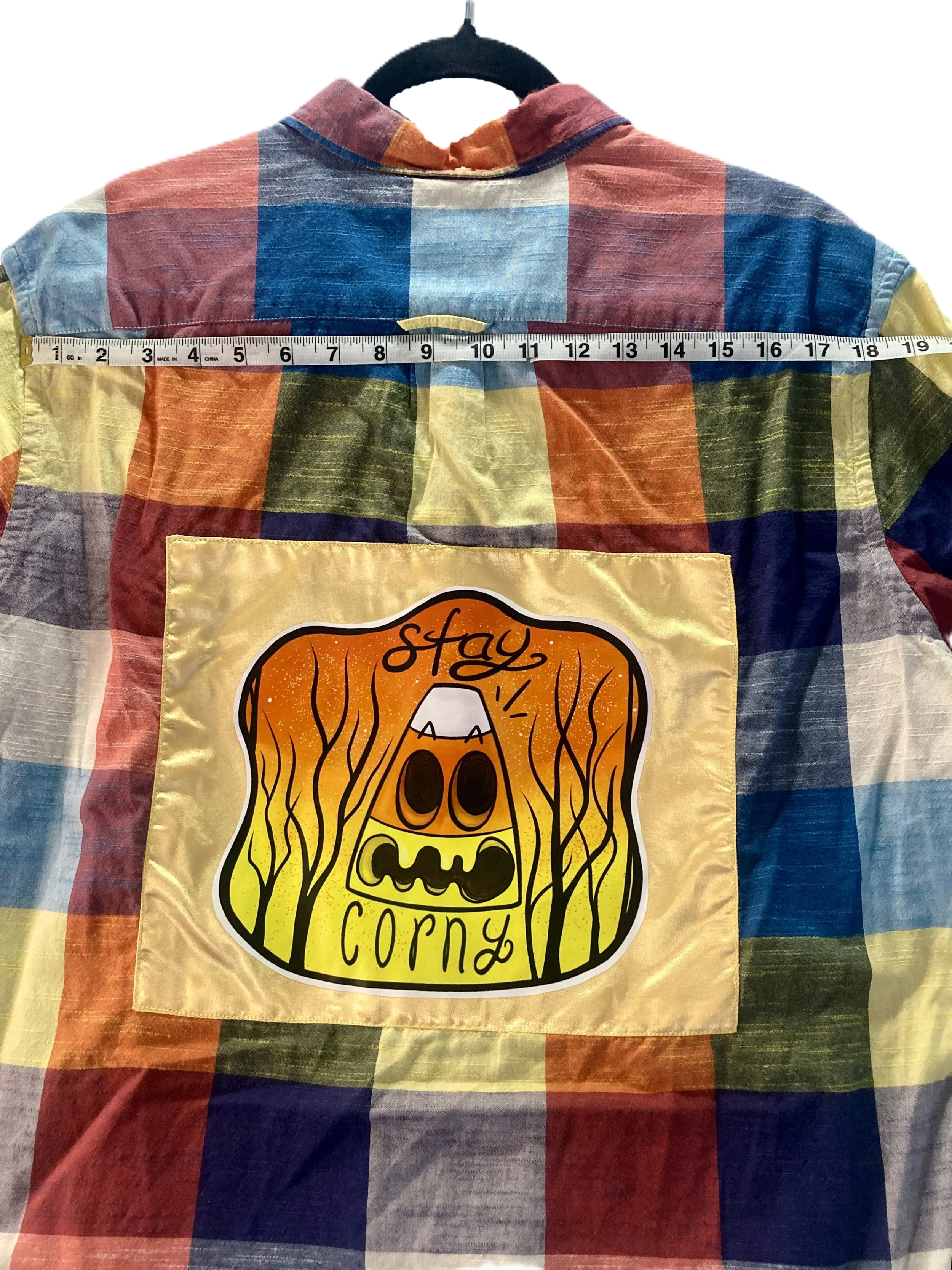 Reworked Upcycled Multicolor Blocked Long Sleeve Button Shirt Stay Corny Halloween Fall Custom Artwork Demension Across Shoulder.jpeg