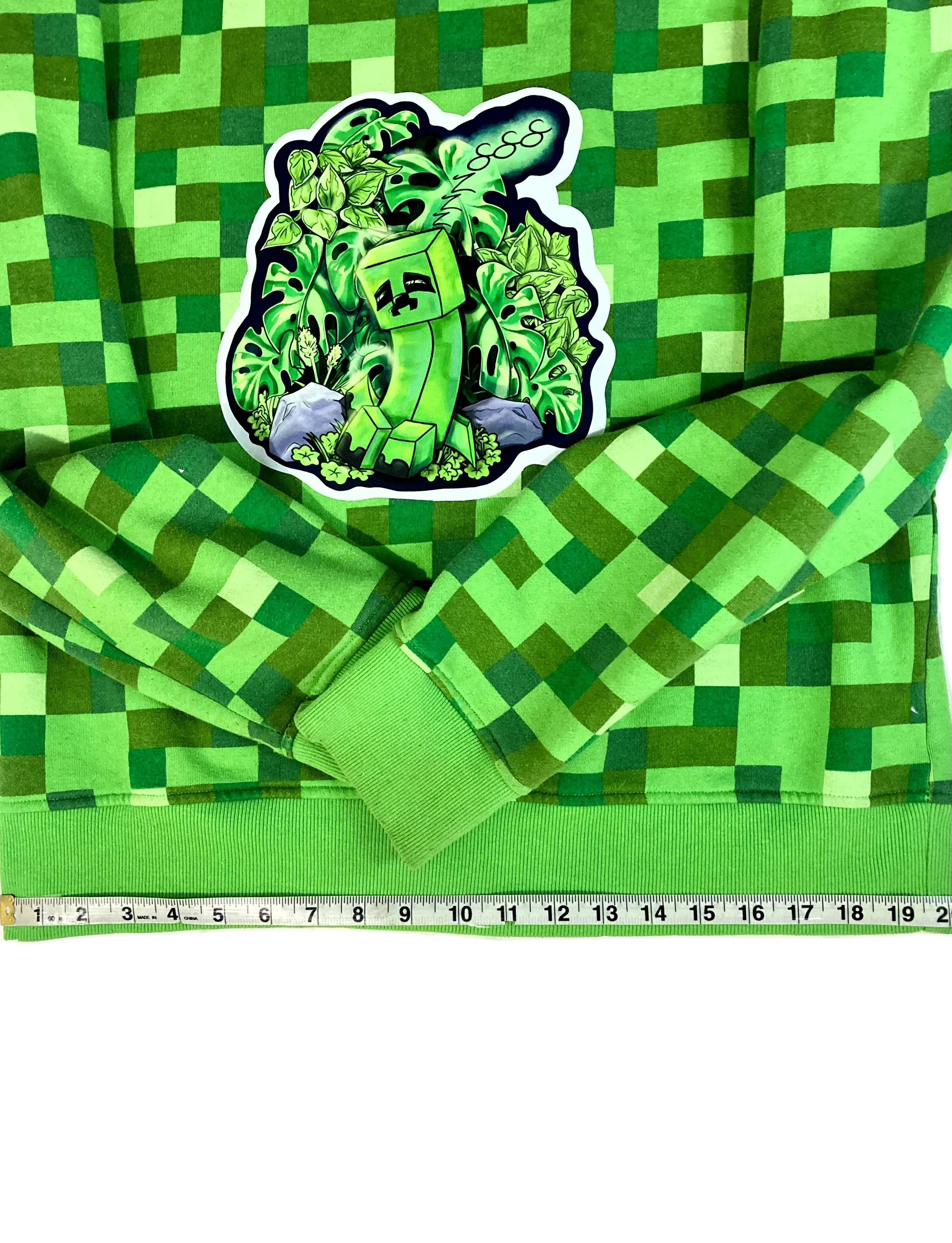 Upcycled Reworked Green Pixel Monster Gamer Hoodie Demensions Across Base.jpeg