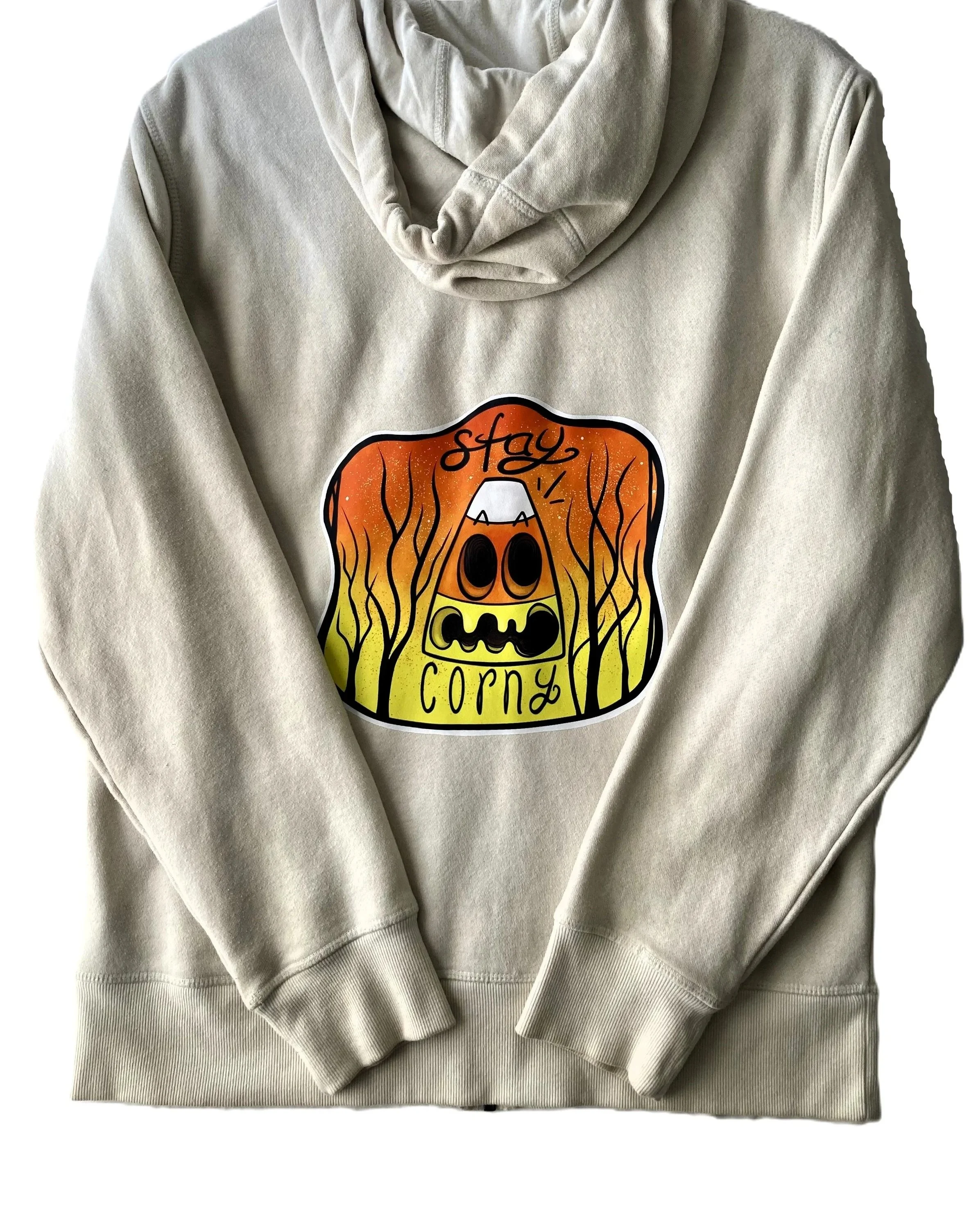 Reworked Bone White “Stay Corny” Zip Hoodie | Upcycled Custom Halloween Artwork | Unisex