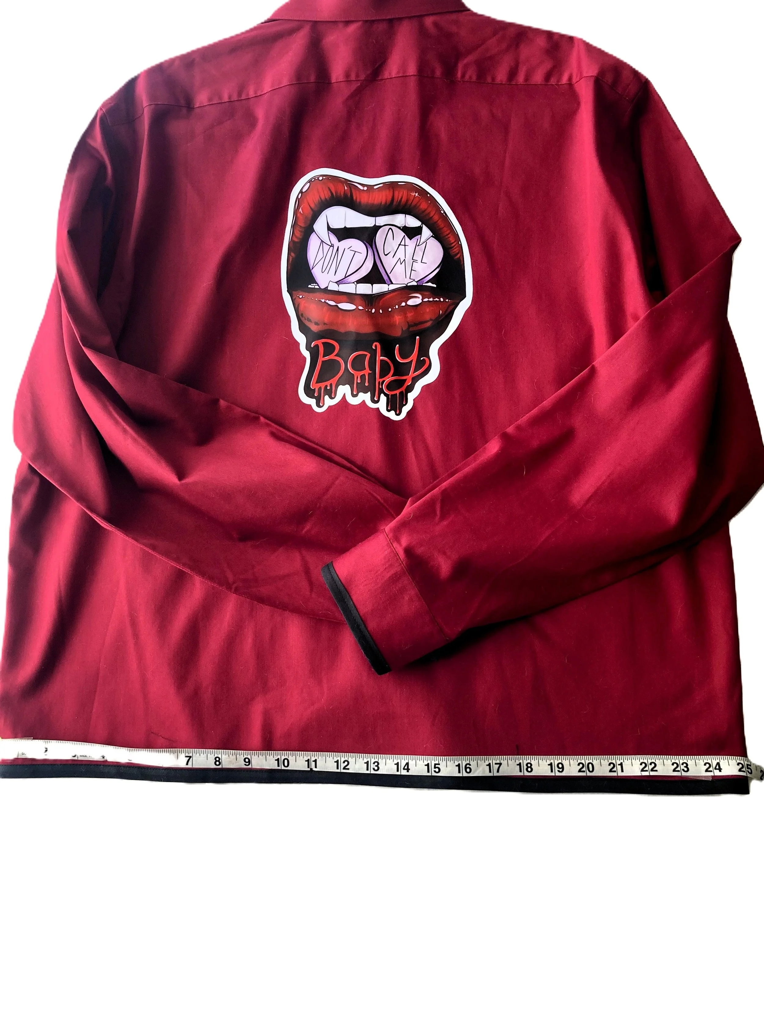 Upcycled Reworked Blood Red Black Edge Shirt Custom Goth Red Lips Cult Classic Artwork Demensions Across Base.jpeg