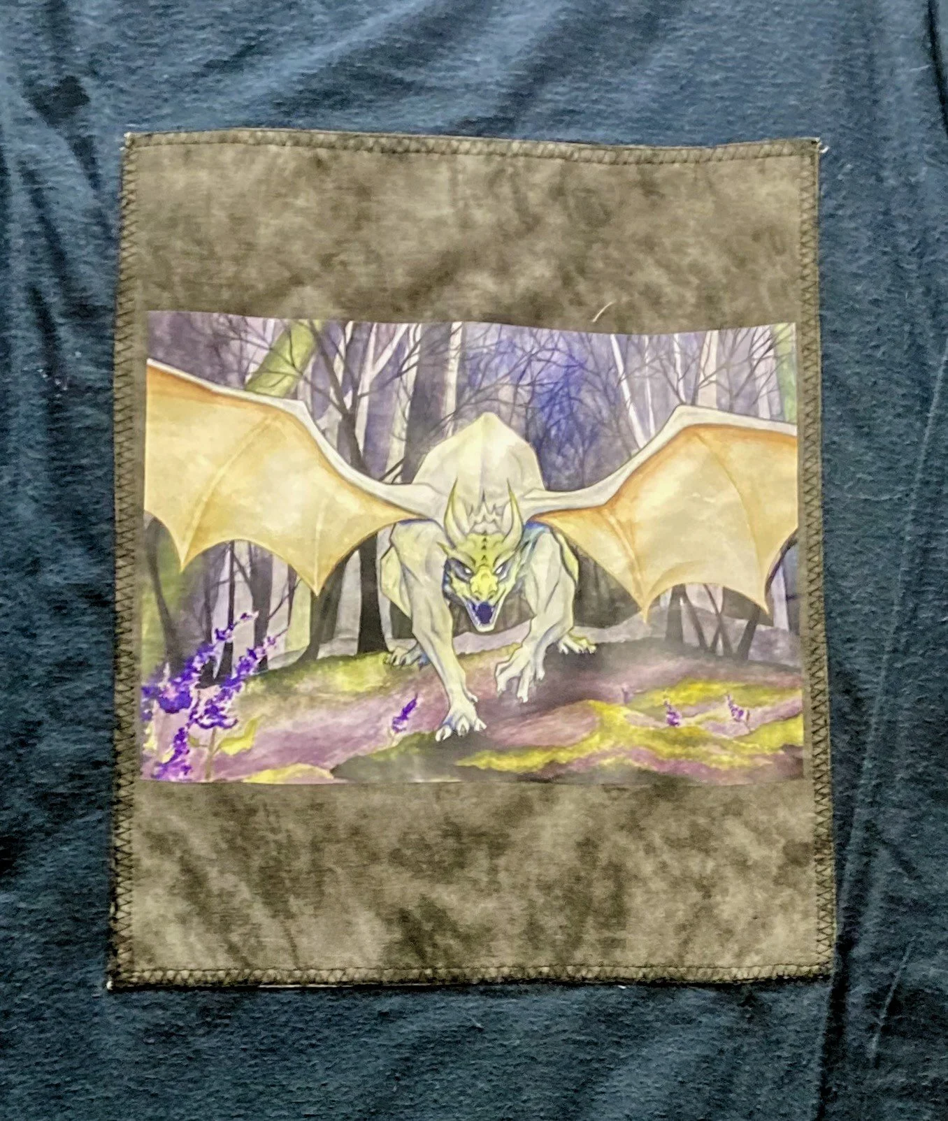 Upcycled Reworked Dark Blue Button Flannel Custom Fantasy Dragon Artwork Back View Art.jpeg