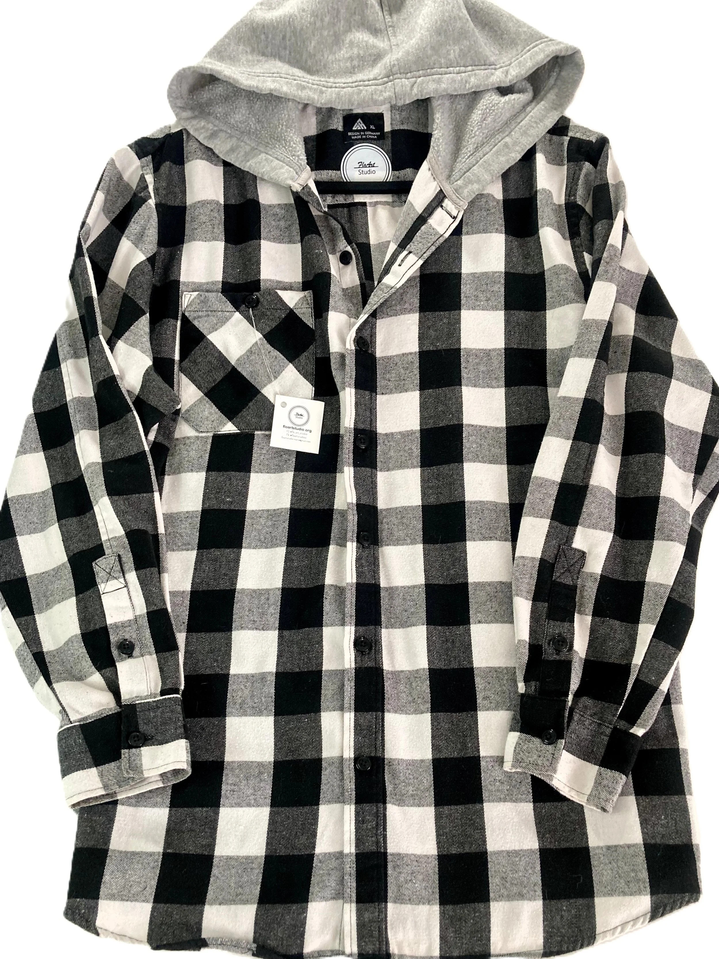 Reworked Upcycled Black and White Grunge Flannel with Hoodie Scary Pumpkin Custom Artwork Front View A.jpeg