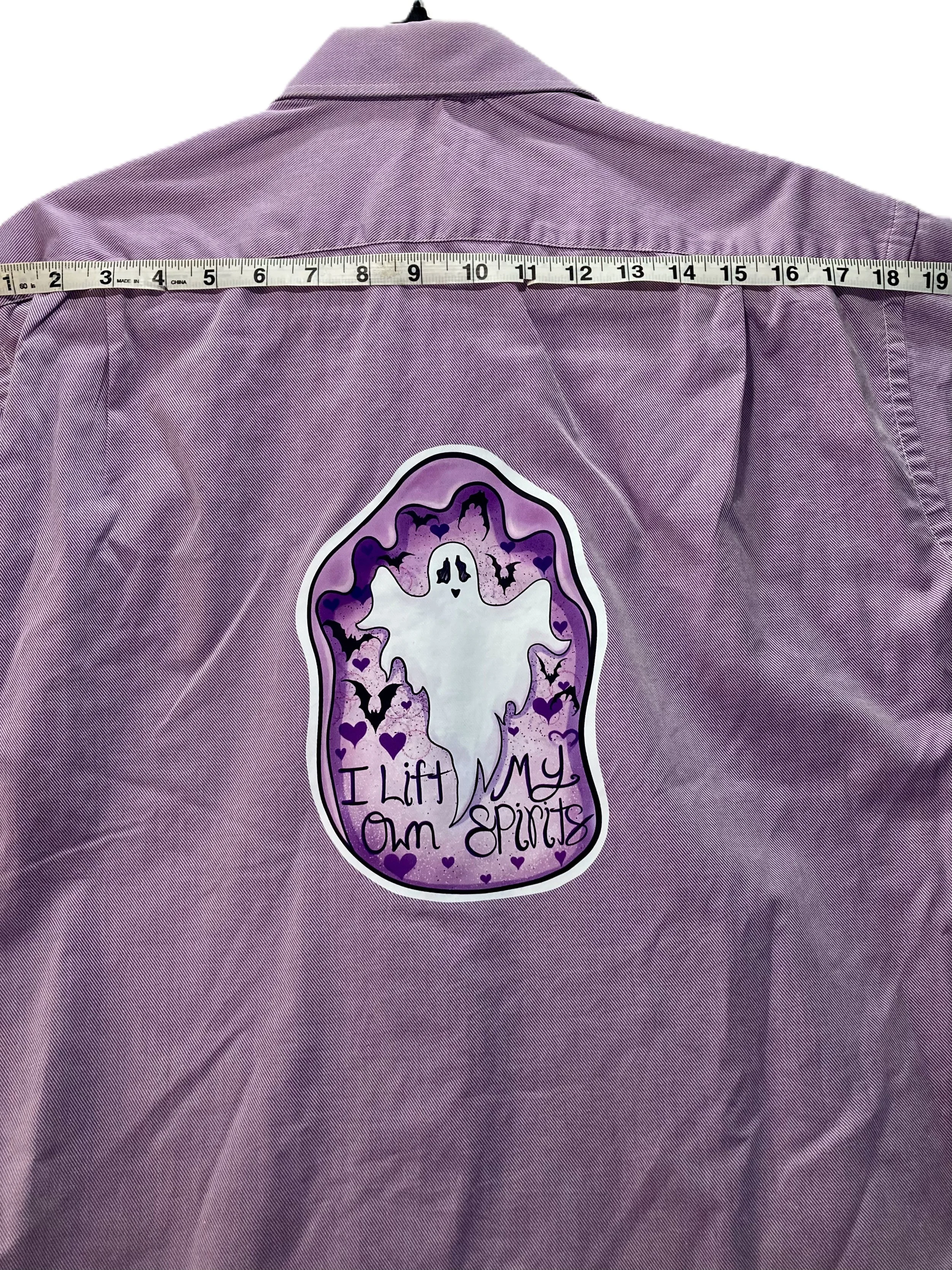 Reworked Upcycled Purple Button Up Deep Purple Satin Trim Inspirational Spooky Ghost Artwork Dimension Across Shoulders.jpeg
