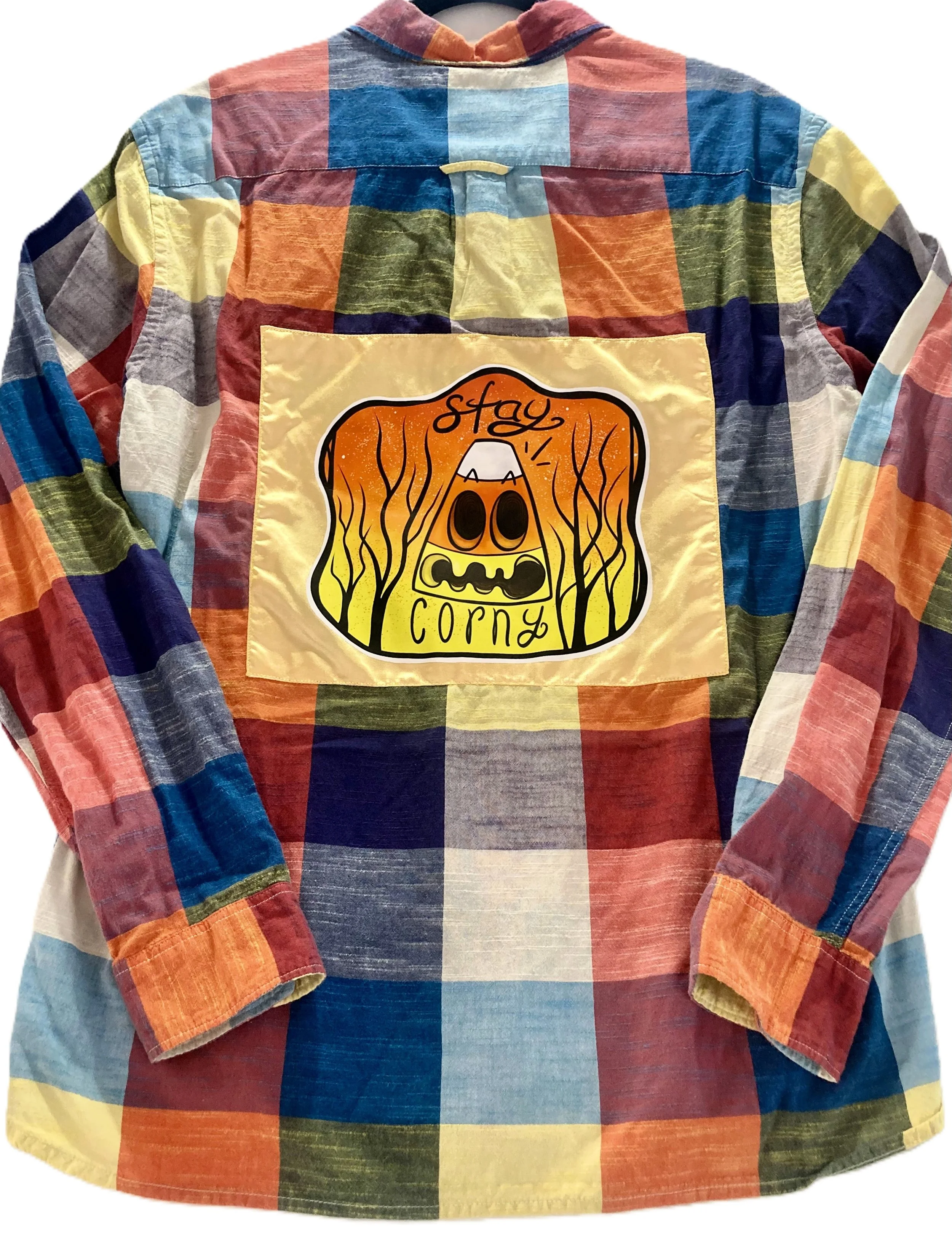 Reworked Rainbow Plaid “Stay Corny” Button Down | Upcycled Custom Halloween Artwork | Unisex