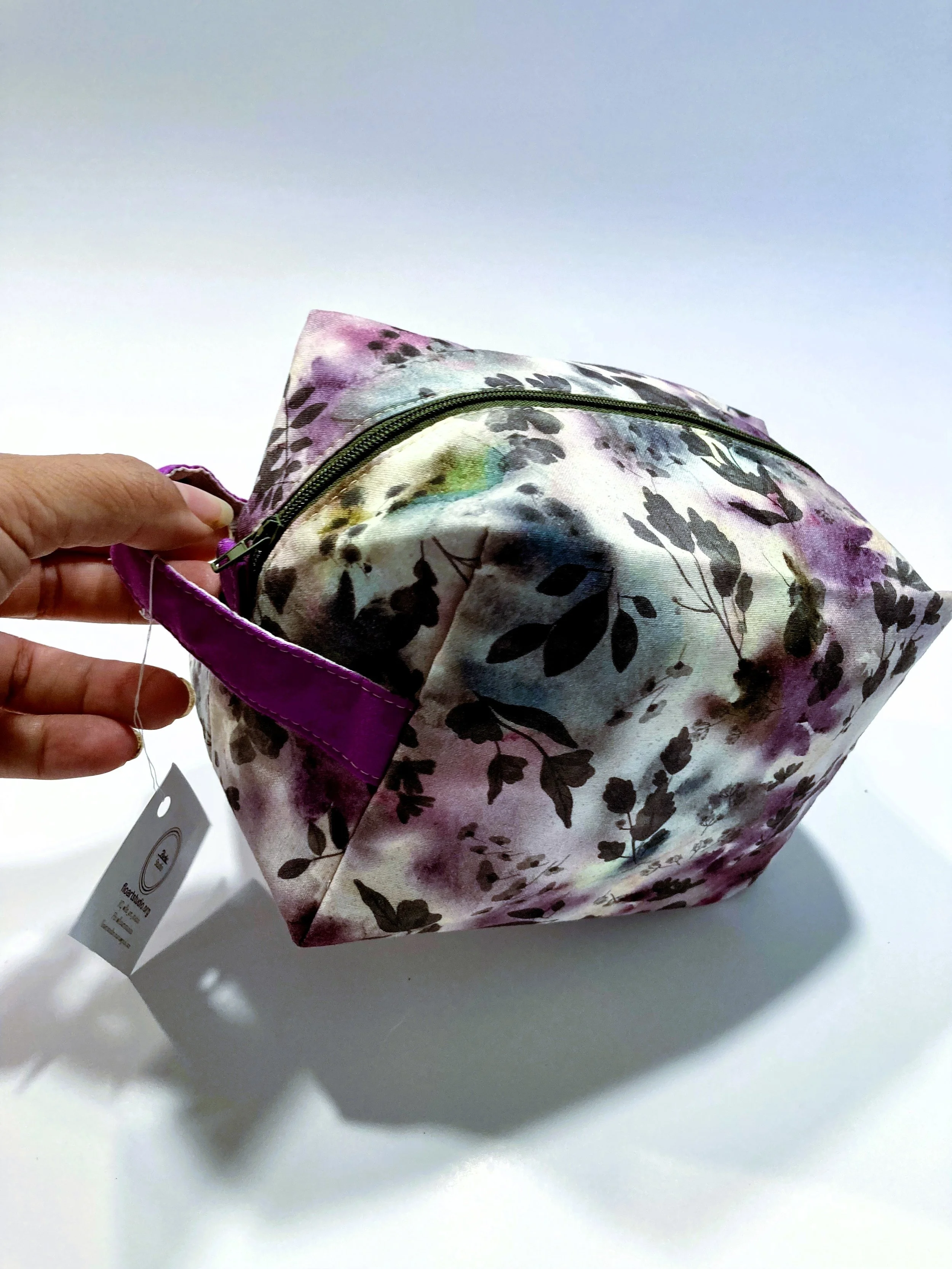 Muted Purple  with Leaves Travel Cosmetic Bag Smoky Grey Botanical Pattern Makeup Case Handle Front Angle View.jpeg