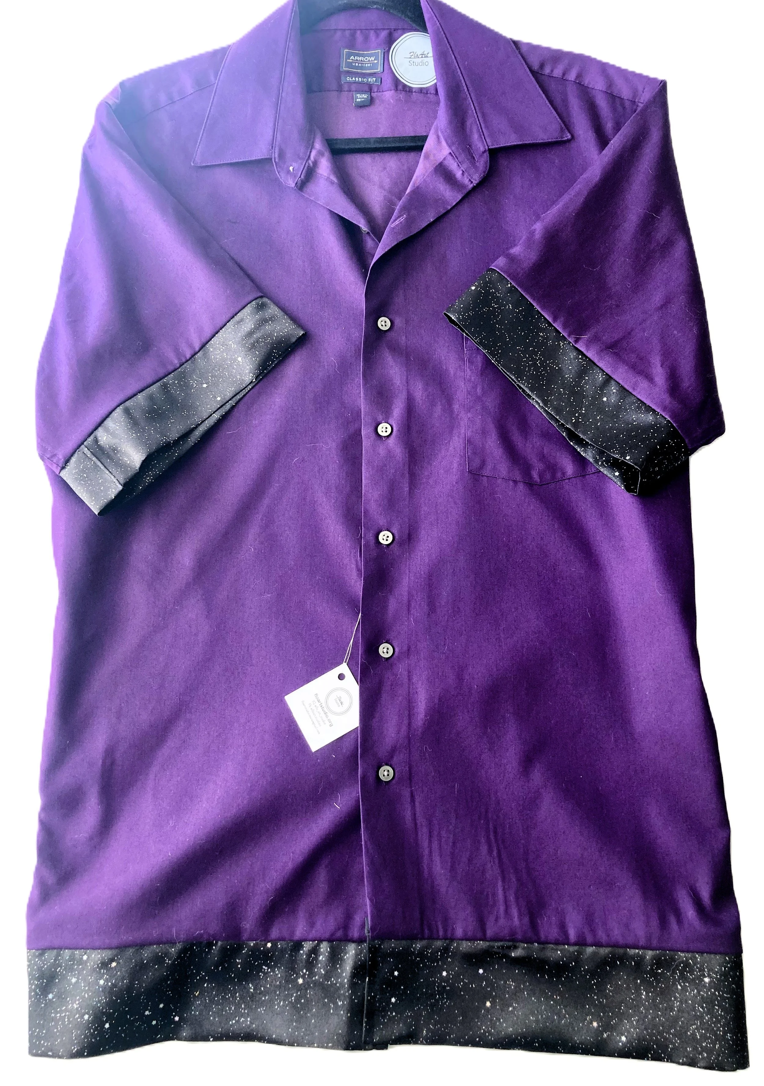 Upcycled Reworked Deep Purple Goth Shirt Trimmed with Celestial Black Satin Toxic and Taken Haunting Artwork Front View.jpeg