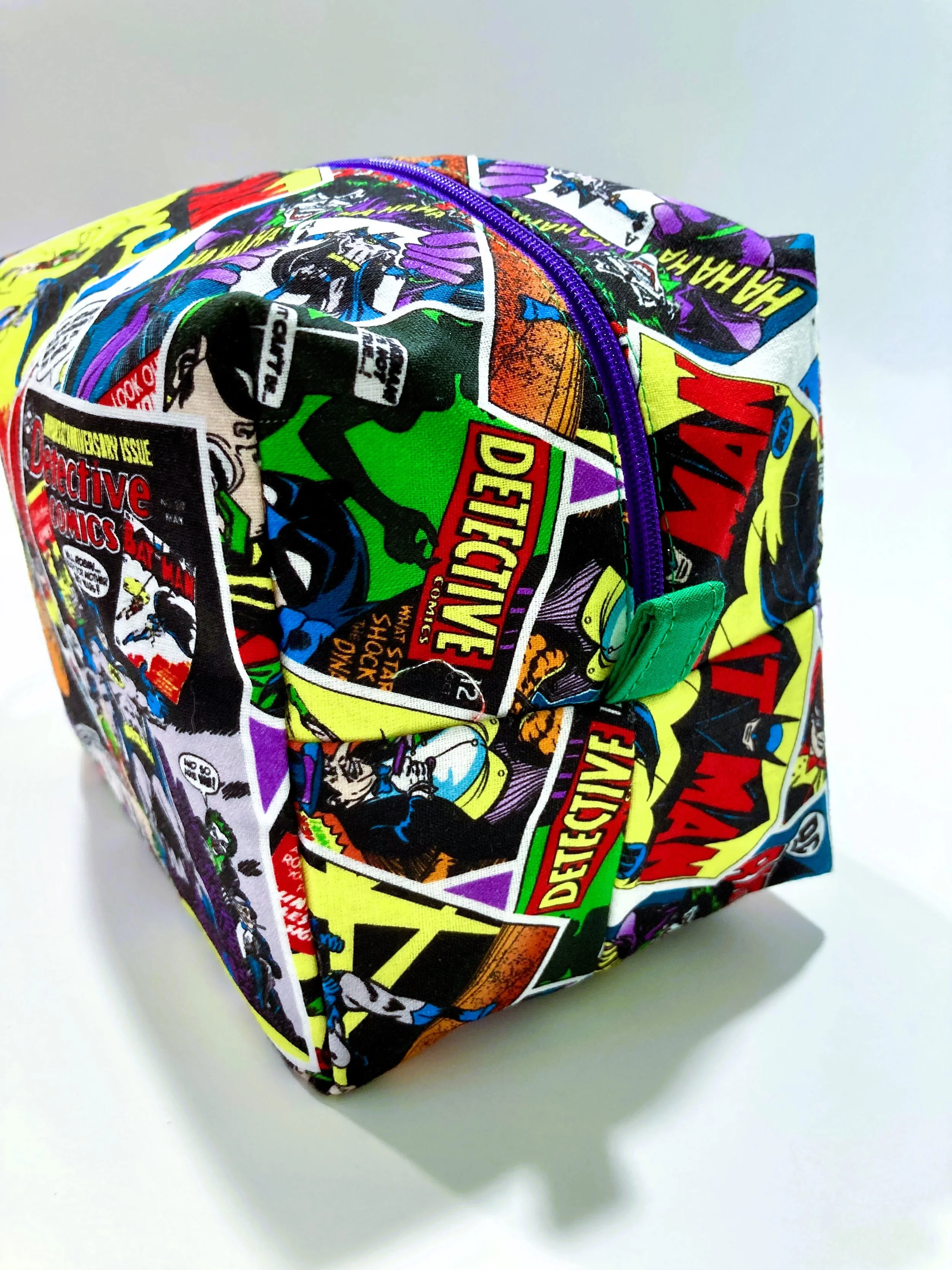 Retro Comic Book  Cosmetic Travel Bag Vintage Pop Art with Contrast Green and Purple Interior Makeup Bag Side View.jpeg