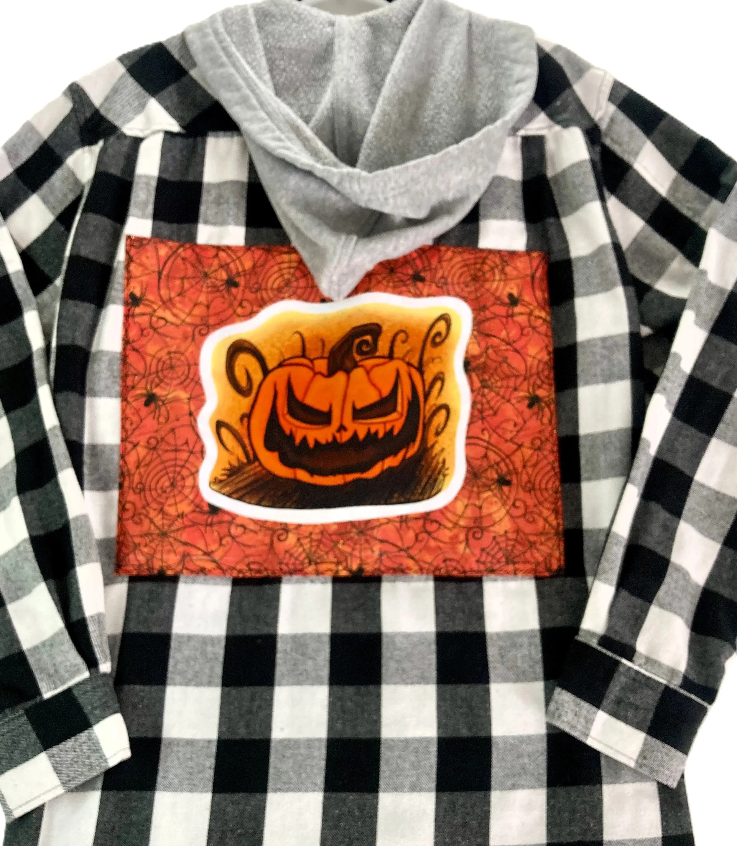 Reworked Upcycled Black and White Grunge Flannel with Hoodie Scary Pumpkin Custom Artwork Back View B.jpeg