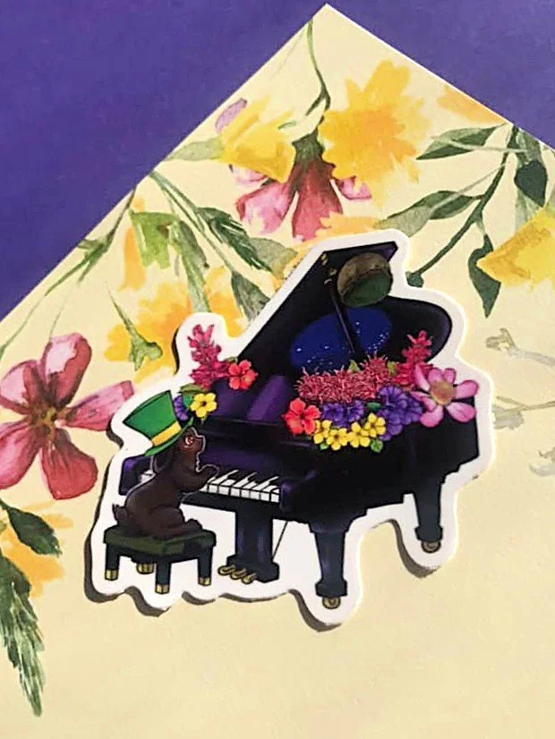 Floral Bunny Playing Piano Vinyl Sticker |  Music Aesthetic Decal