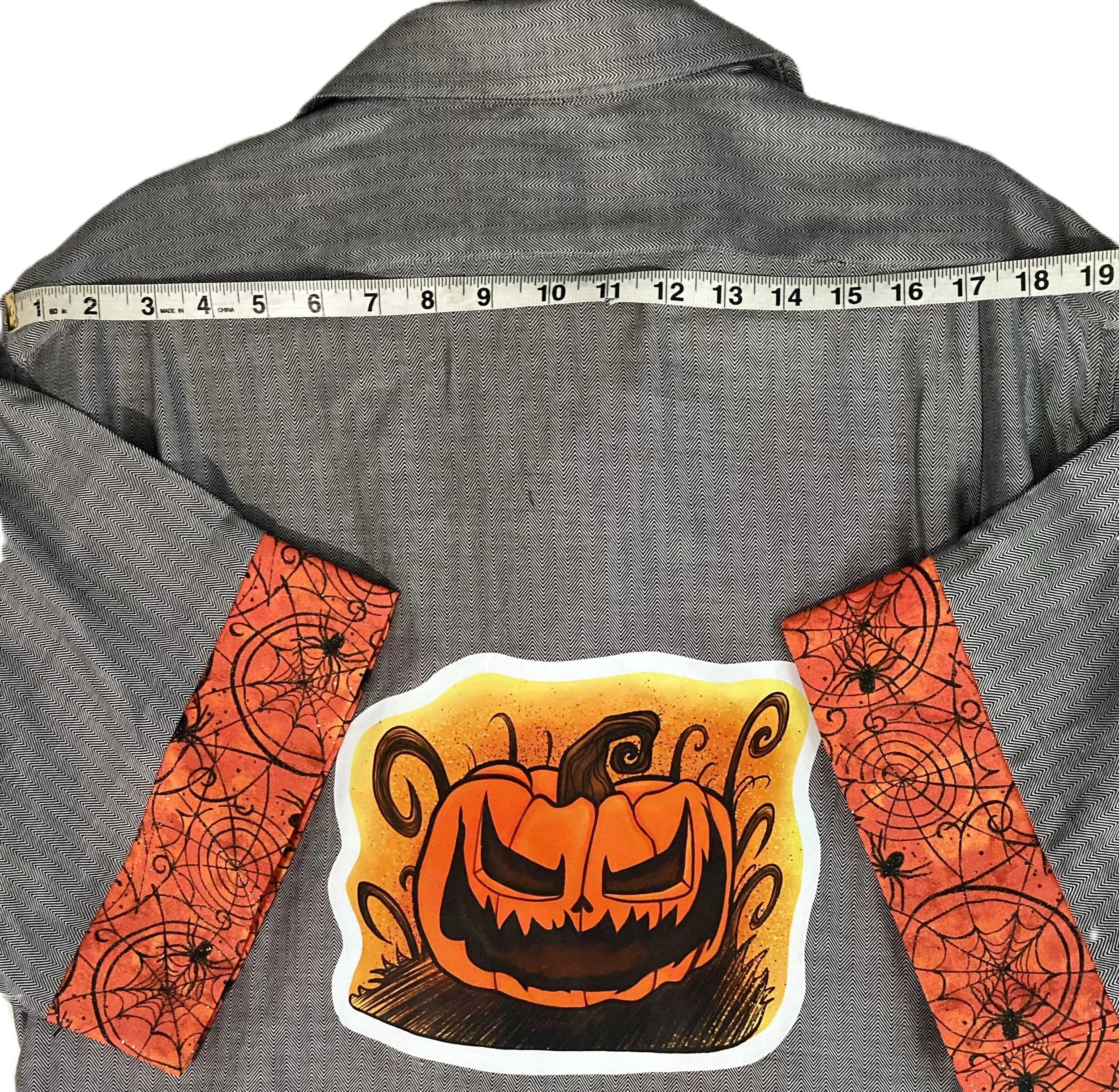 Upcycled Reworked Scary Pumpkin Orange Black Spiderweb Trim Halloween Artwork Unisex Demension Across Shoulders.jpeg