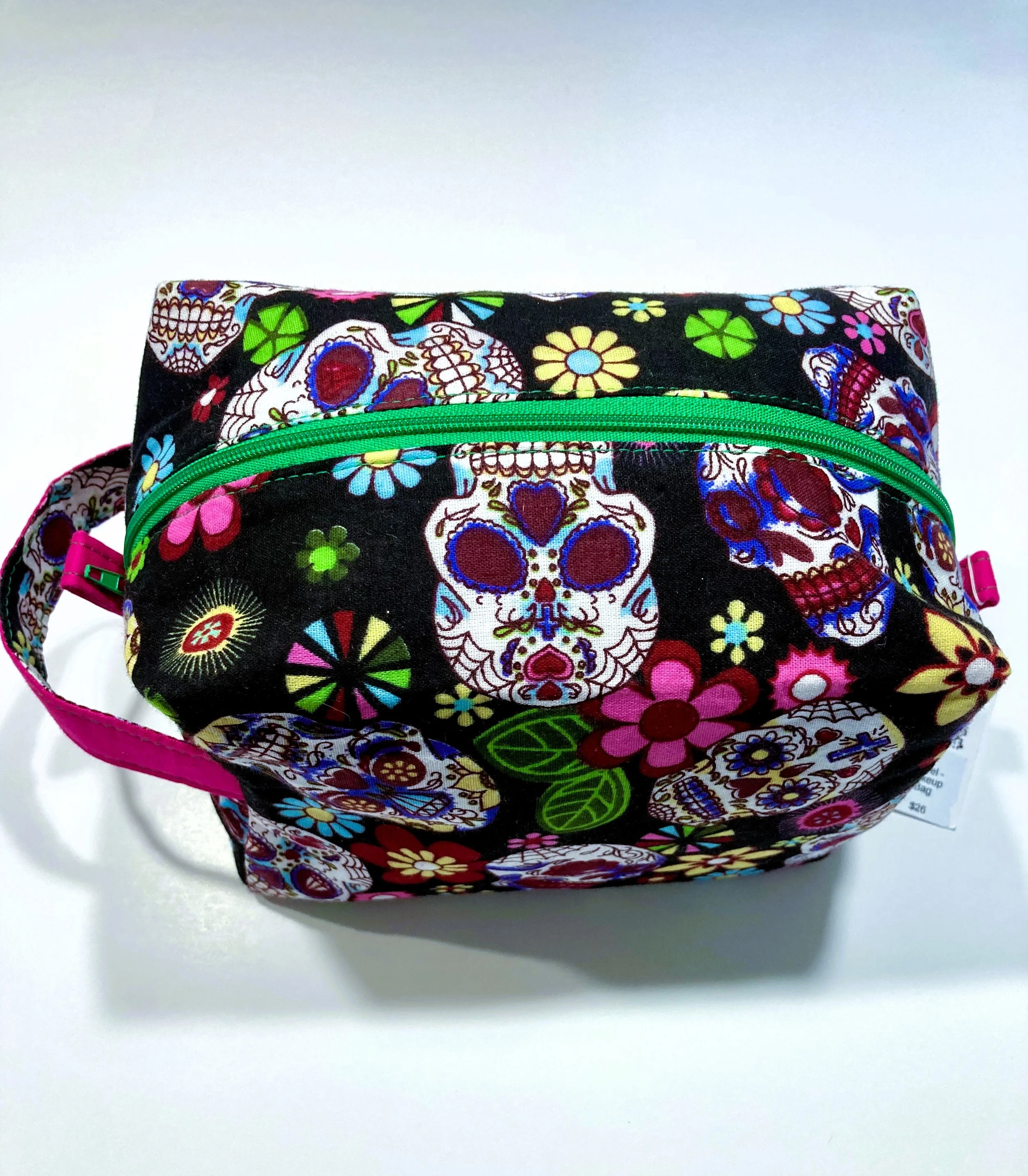 Black Sugar Skull Travel Cosmetic Bag Gothic Day of the Dead Calavera Makeup Organizer Front Top View.jpeg