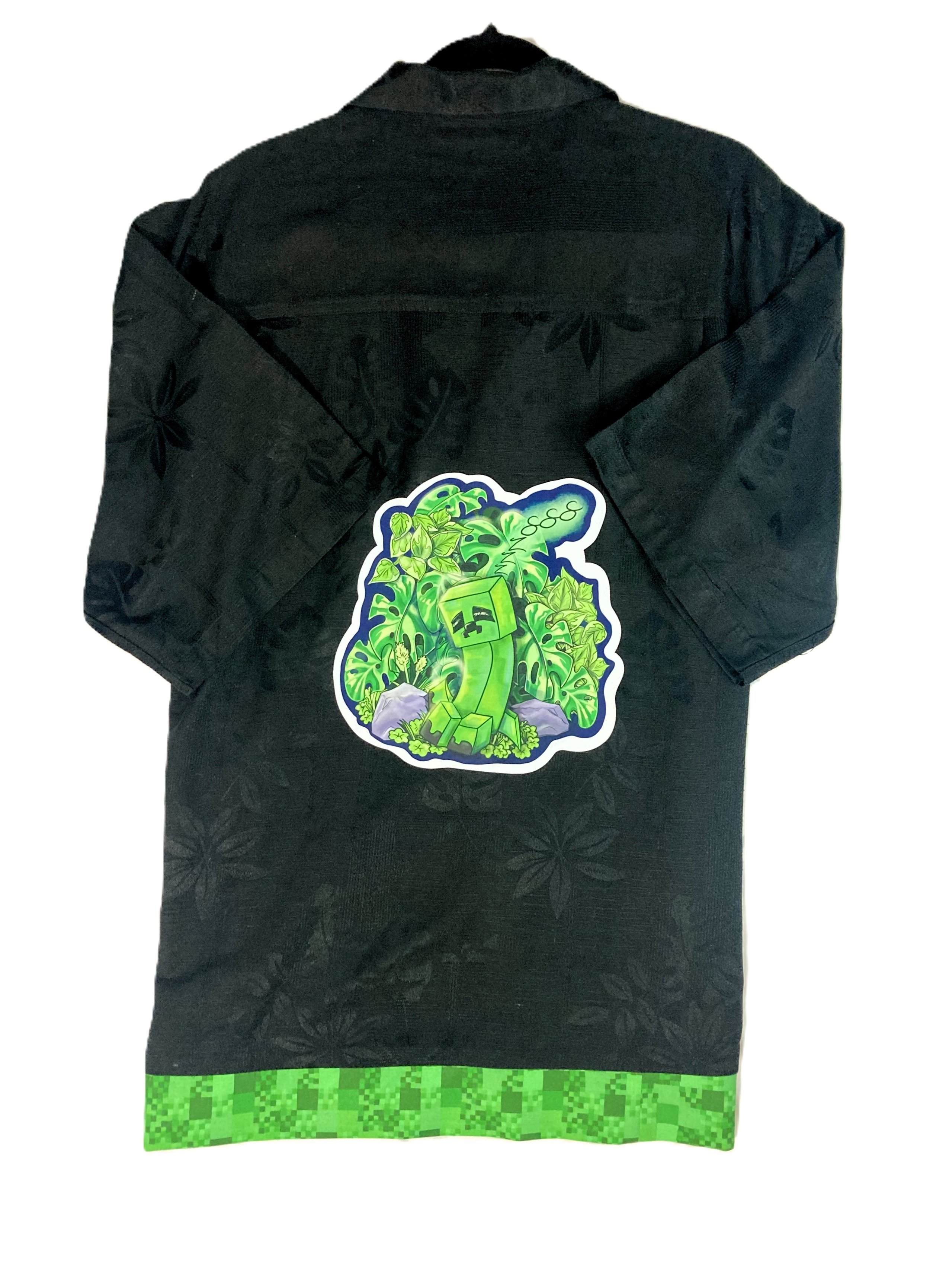Upcycled Reworked Green Pixel Monster Gamer Black Palm Leaf Shirt Back View .jpeg