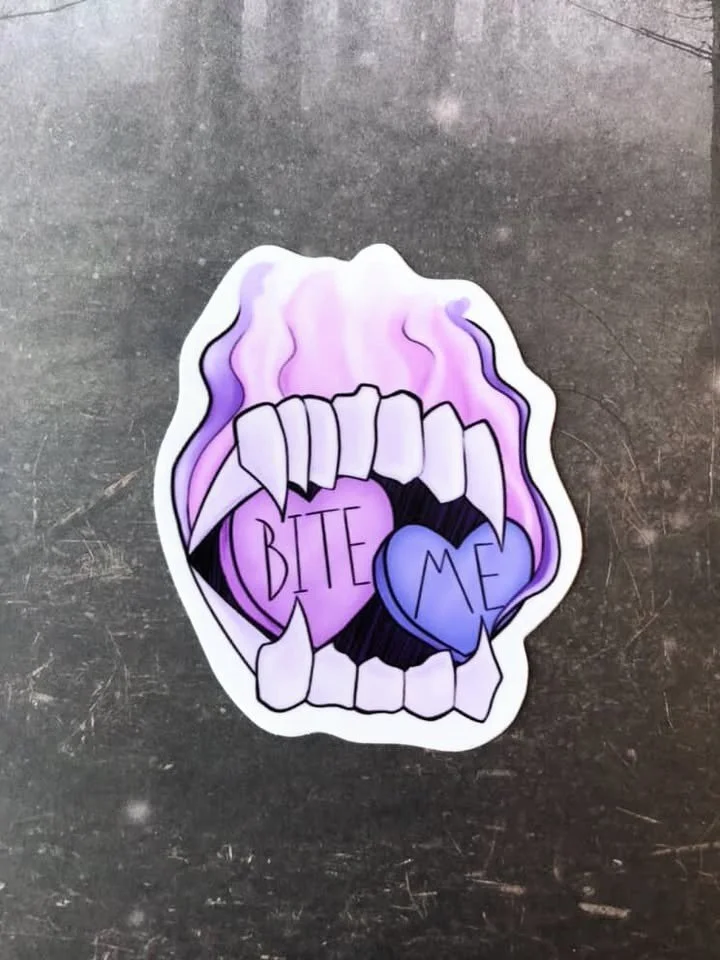 Vampire Teeth Heart Candy Vinyl Sticker | "Bite Me" Pastel Gothic Decal