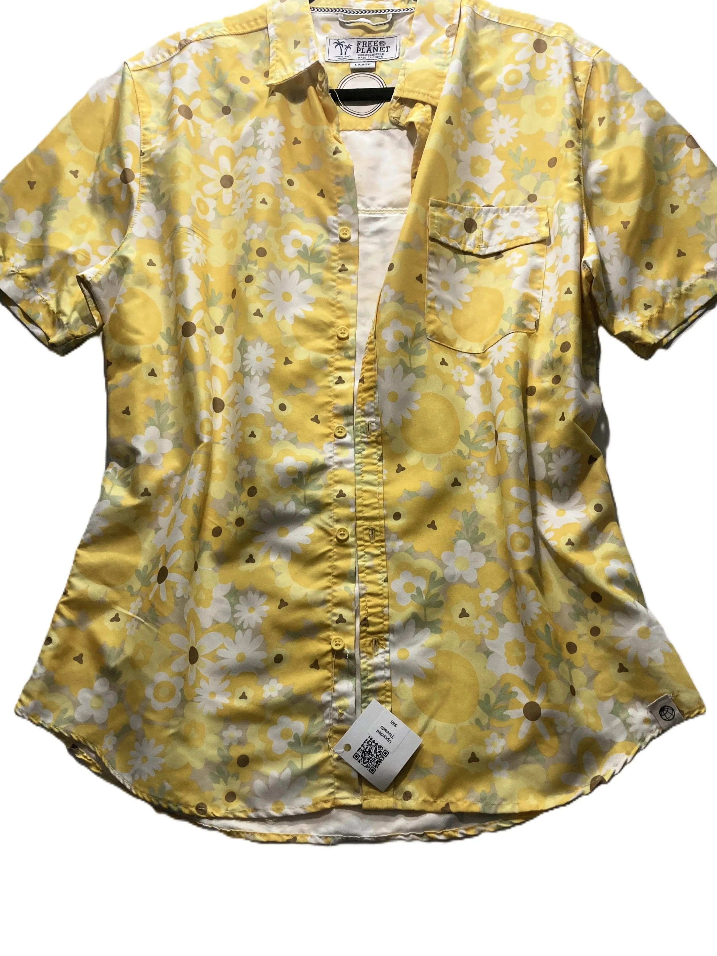 Upcycled Reworked Floral Yellow Retro Short Sleeve Button Up Shirt Cappybara Adventure Awaits Artwork Front View.jpeg