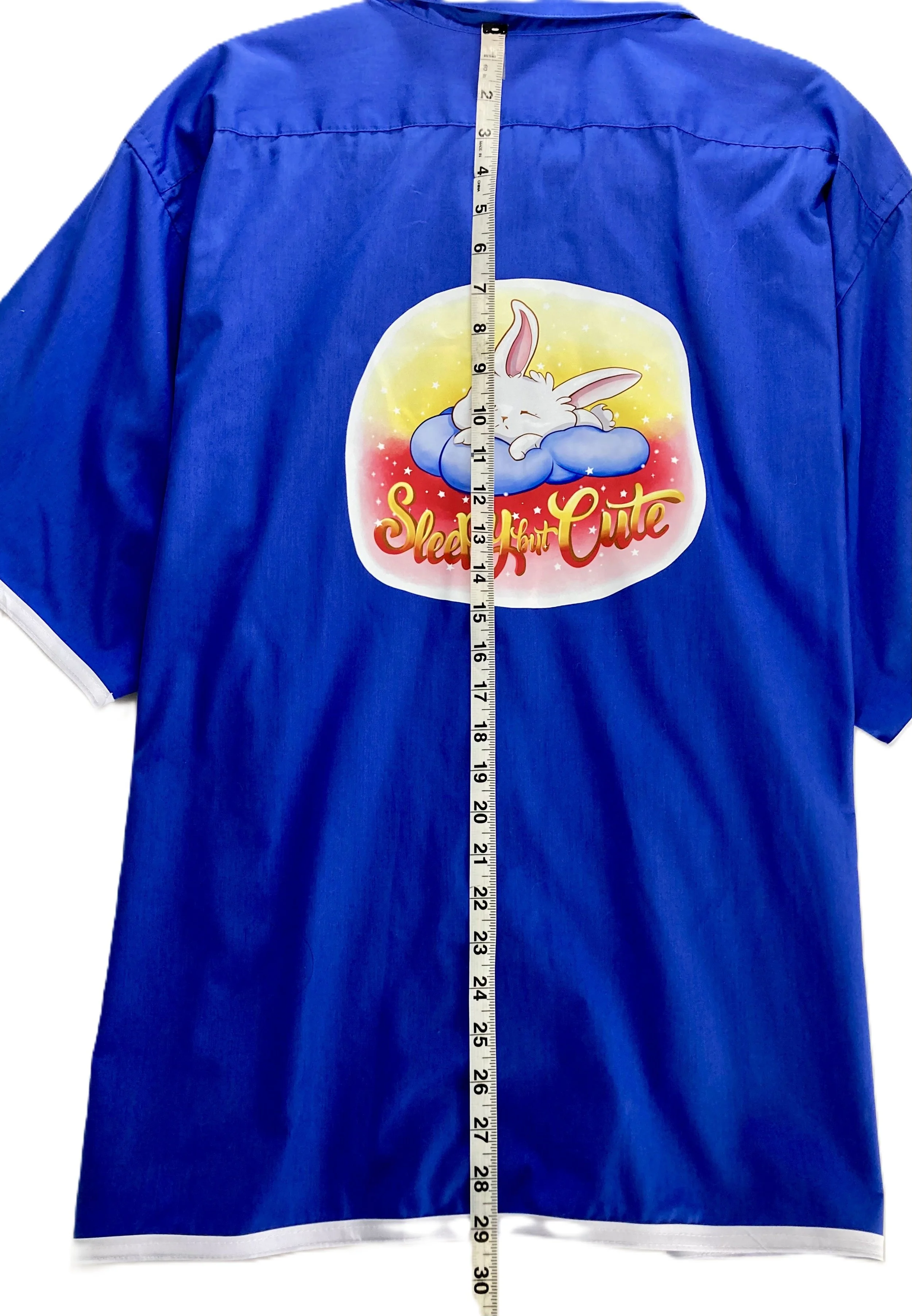 Reworked Upcycled Cropped Blue Button Up White Trim Sleepy Bunny Custom Artwork Demensions Neck to Base.jpeg
