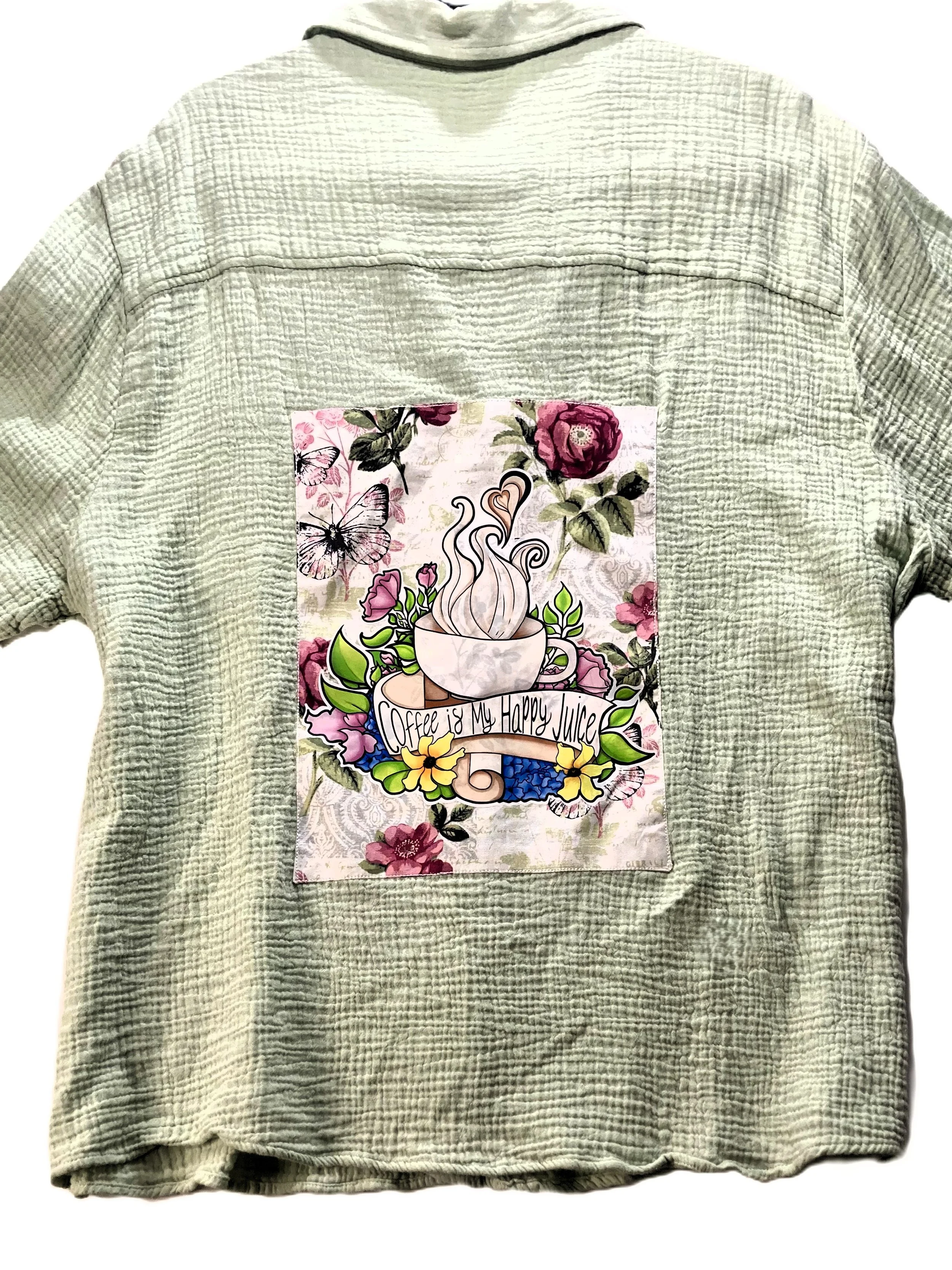 Reworked Coffee Lover Cardigan | Upcycled Custom Artwork | OSFM