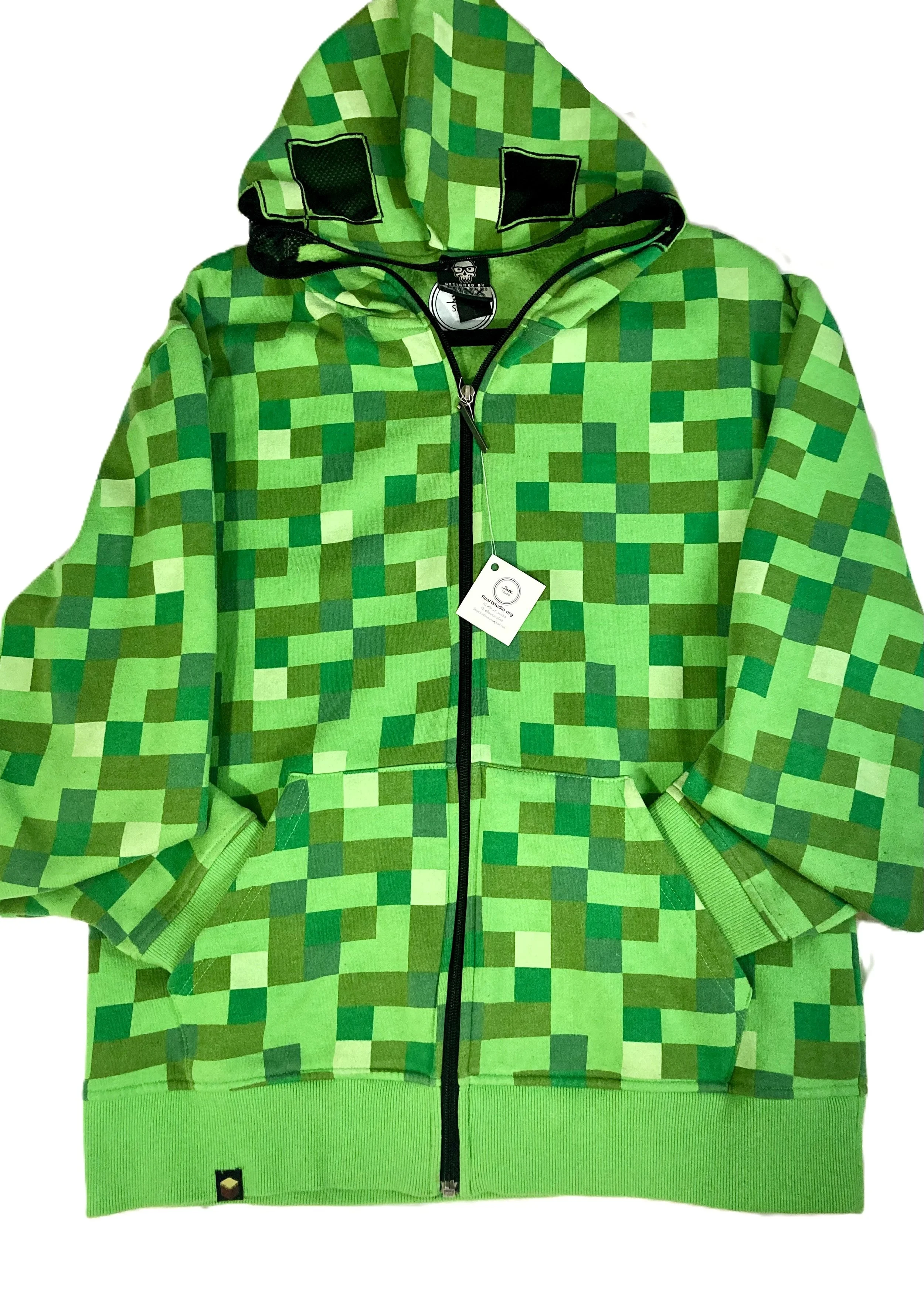 Upcycled Reworked Green Pixel Monster Gamer Hoodie Front View.jpeg