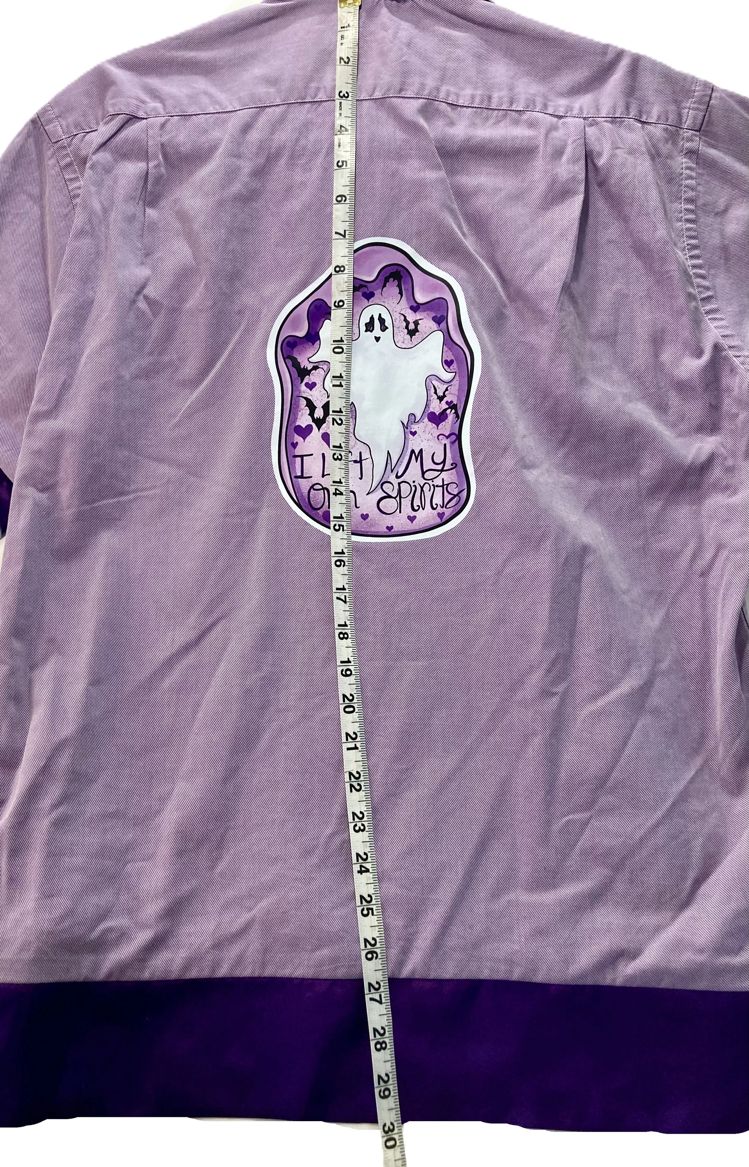 Reworked Upcycled Purple Button Up Deep Purple Satin Trim Inspirational Spooky Ghost Artwork Dimension Neck to Base.jpeg