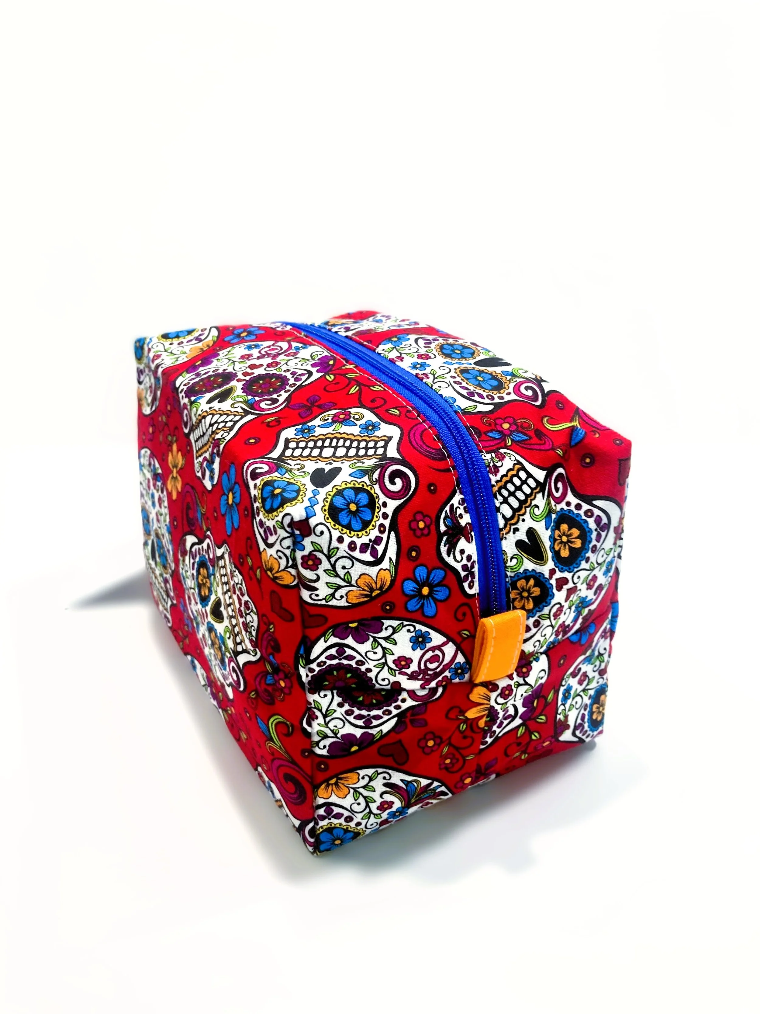 Los Muertos Sugar Skull Travel Cosmetic Red Bag with Handle Side View.jpeg