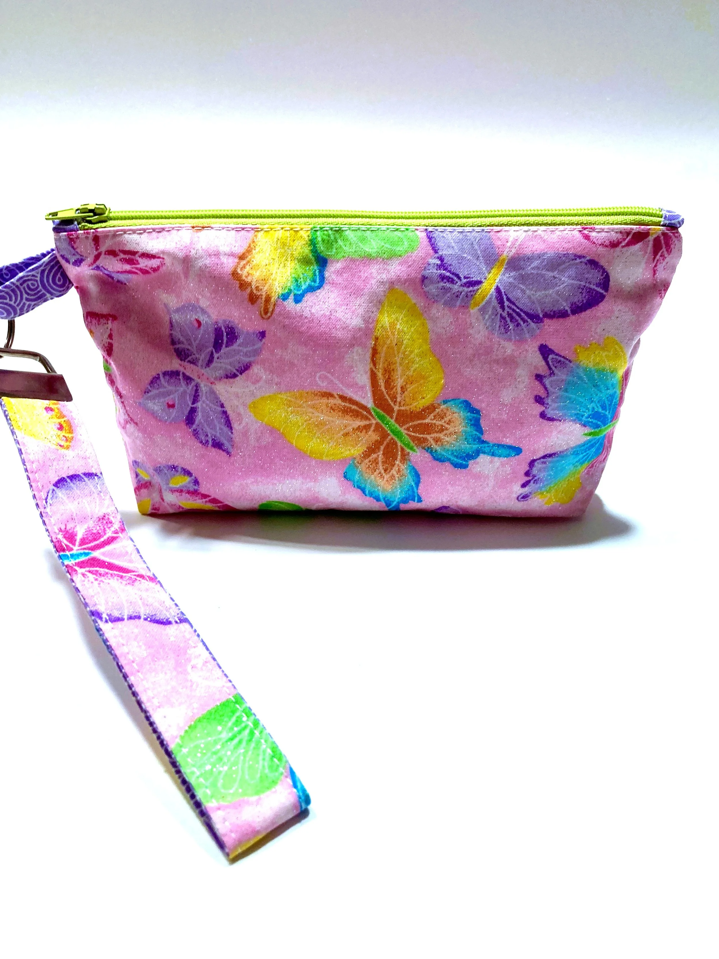 Shimmer Pink Butterfly Zip Wristlet | Vibrant Cosmetic Bag
