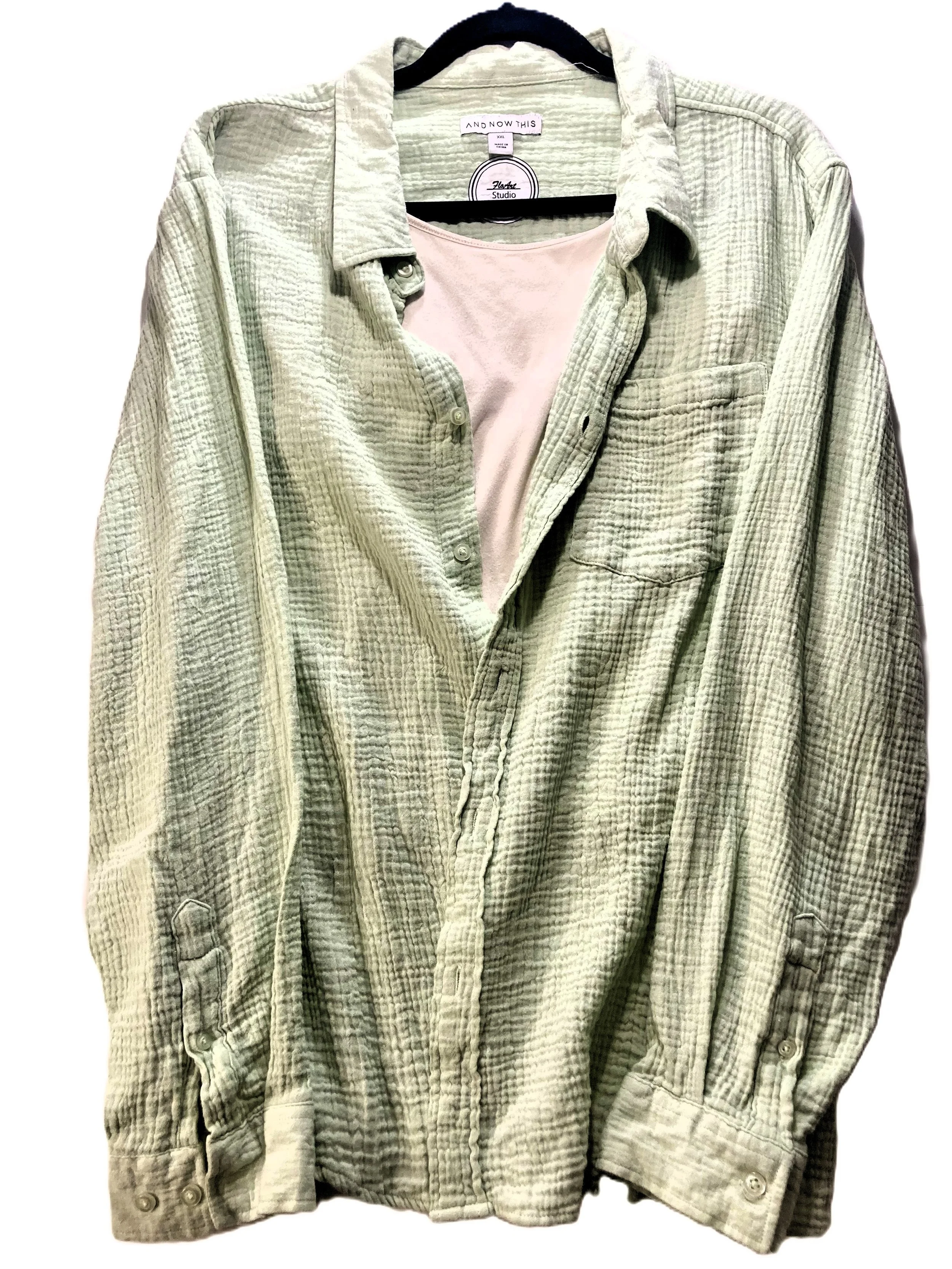 Upcycled Reworked Pale Green Cardigan Coffee Lover Custom Artwork Layered Front View.jpeg