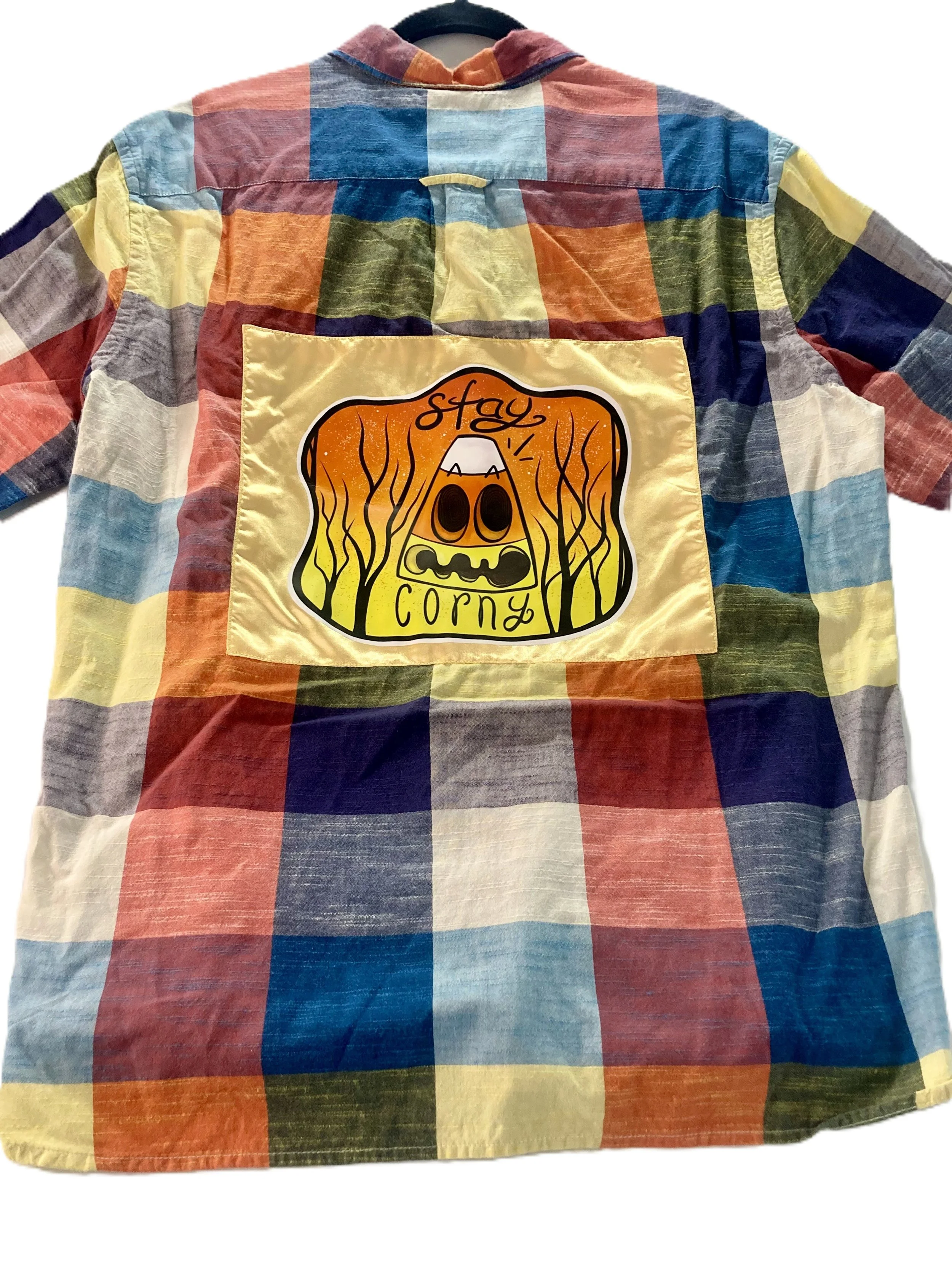 Reworked Upcycled Multicolor Blocked Long Sleeve Button Shirt Stay Corny Halloween Fall Custom Artwork Back View A.jpeg