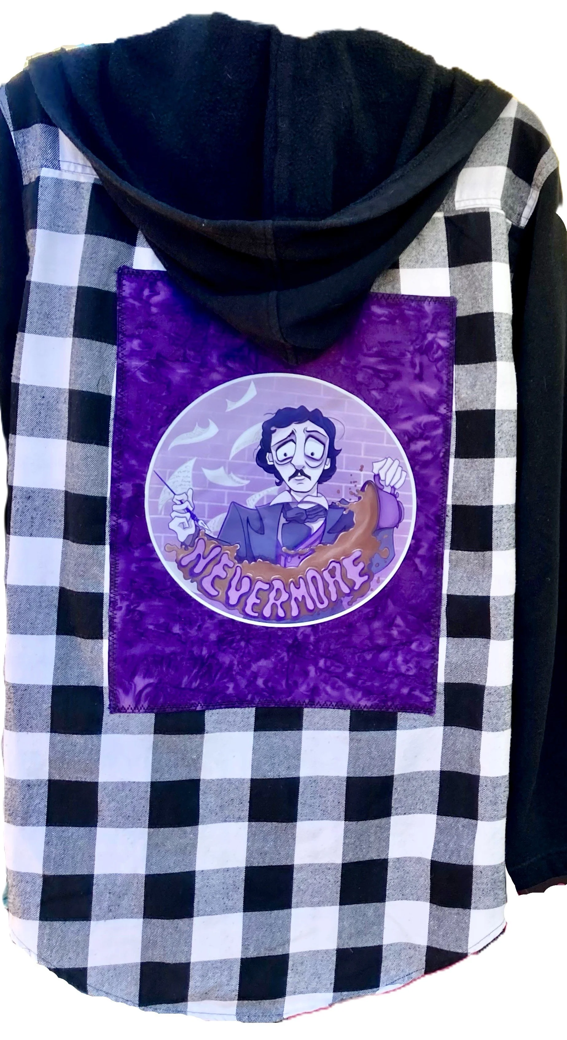 Reworked Edgar Allan Poe Flannel Hoodie | Upcycled Custom Artwork | OSFM Unisex