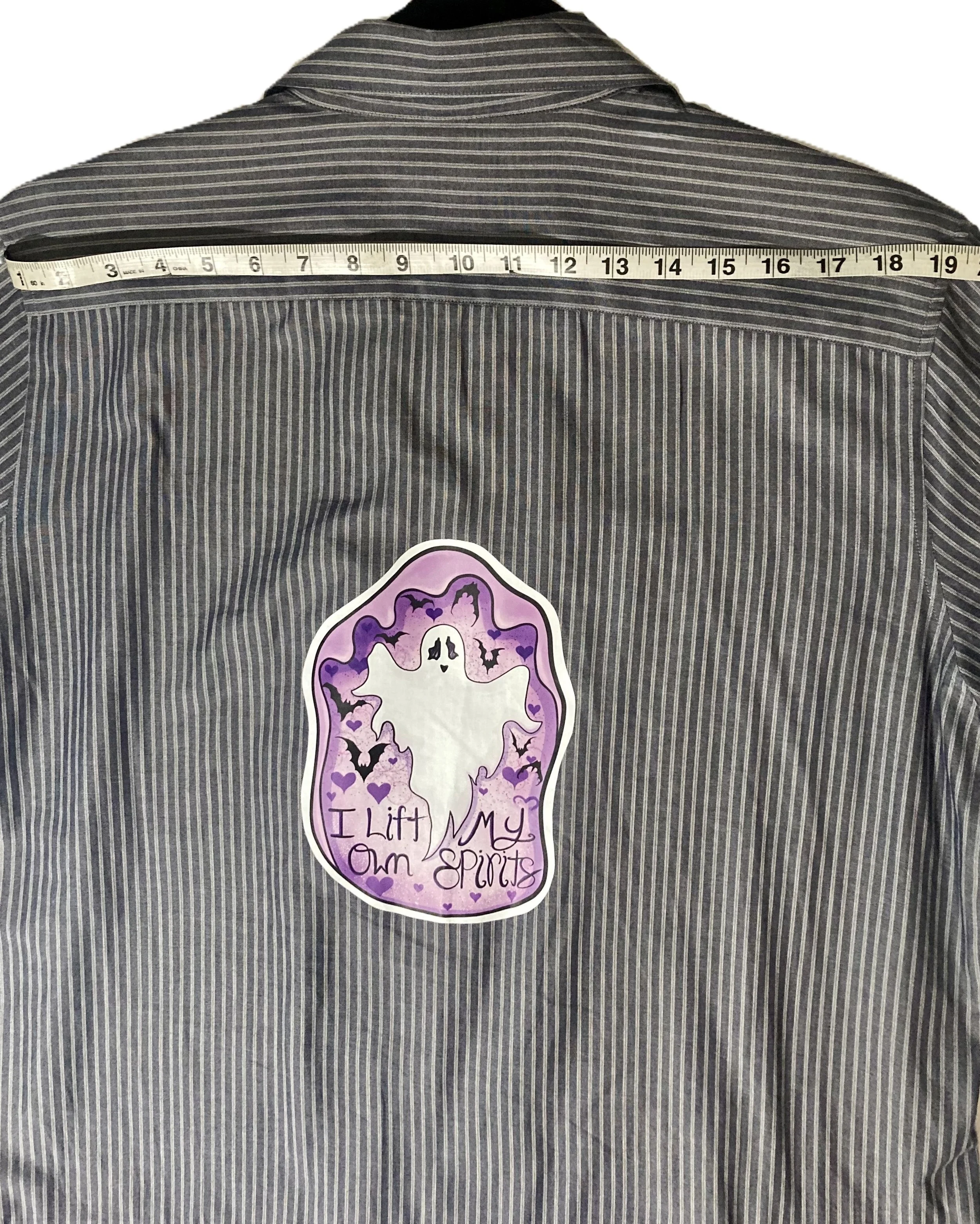 Reworked Upcycled Lined Grey Shirt Trimed with Shimmering Purple Goth Custom Ghost Artwork Demension Across Shoulder.jpeg