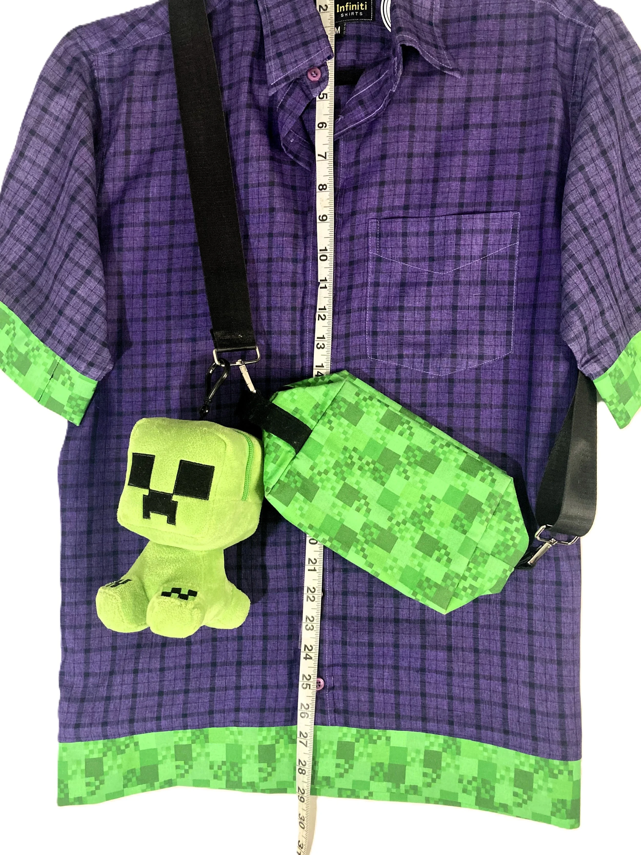 Reworked Upcycled Purple Grid with 8 Bit Green Pixel Gamer Trim Shirt Green Pixel Monster Custom Fan Art Demensions Height.jpeg